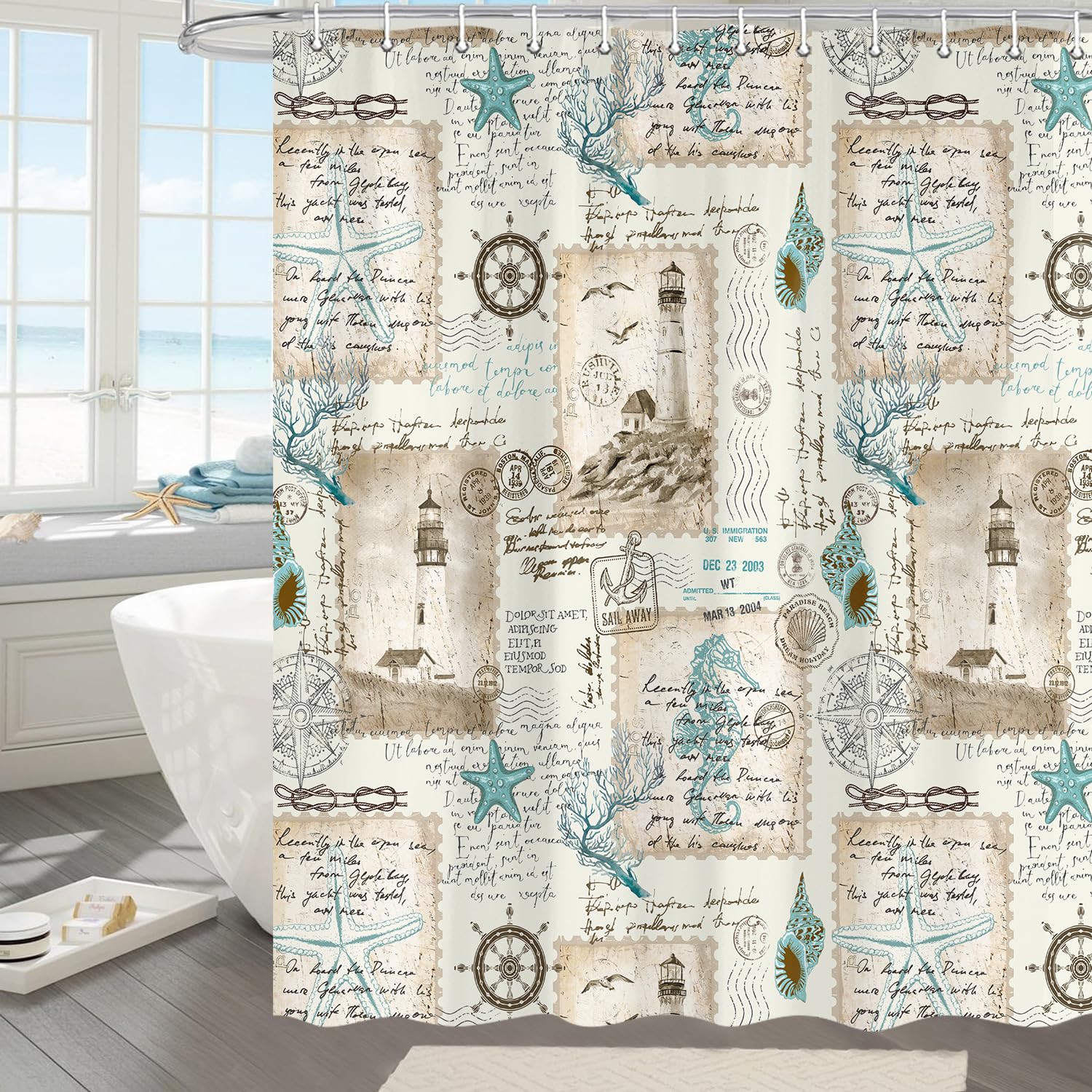 Duschvorhang Mit Leuchtturm & Nautischem Design – Vintage-Karte, Möwen, Kompass, Polyester, 178x178 Cm