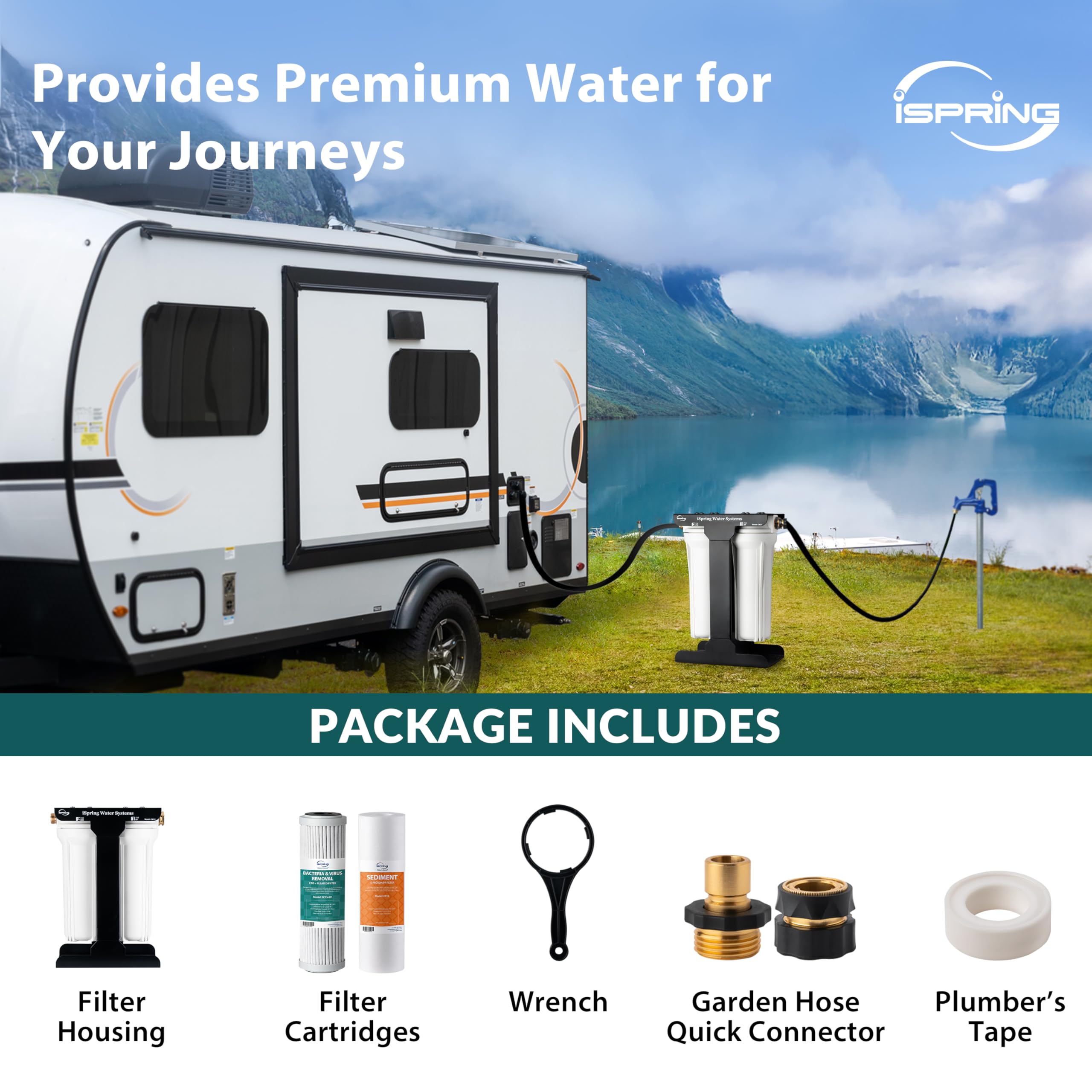 iSpring CW21-BV Sistema de filtración de agua RV de 2 etapas para campistas, eliminación de virus y bacterias probadas por SGS, sin BPA, alta capacidad, conectores rápidos de manguera de latón sin