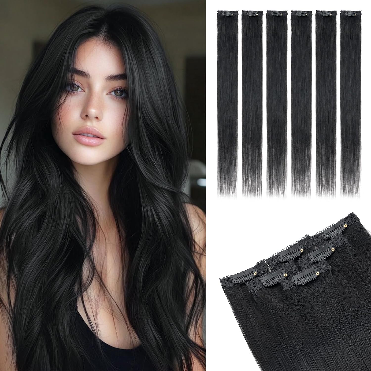 Rich ChoicesClip In Extensions Real Human Hair-6 Pcs Single Clip Design-100% Remy Hairs Invisible Clip in Extensions for Thin Hair-Seamless Hairpieces for Women-18 Inches #1Jet Black