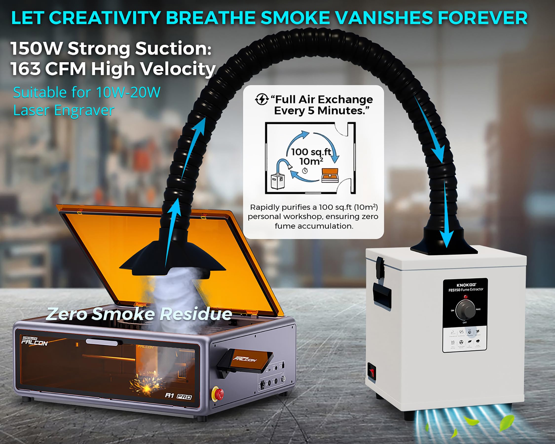 150W Mini Extractor de Humos de Soldadura Portátil FES150 Absorbente de Humo Purificador de aire Máquina de eliminación de cigarrillos de polvo Traje para salón de belleza y moxibustión