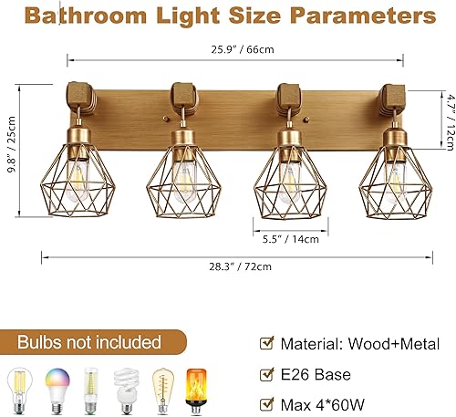 Miniatura 10 de Lámparas de tocador de baño de granja de 4 luces, lámparas de baño de madera sobre el espejo, apliques rústicos con elegante pantalla de metal para