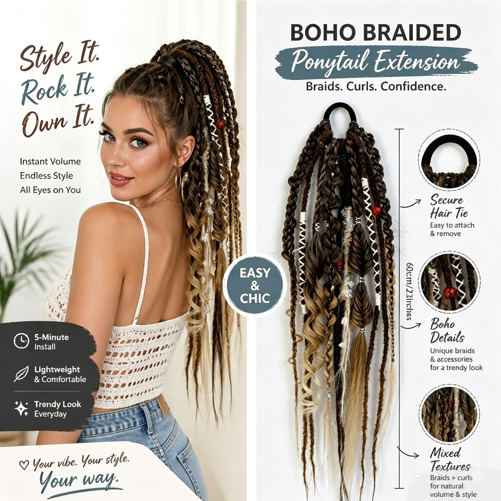 Extension de Cheveux Élastique Dreadlock Queue de Cheval Boho avec Perles, 22", Tresse Viking Effet Plage, Attache Facile en 1 Minute pour Festival & Quotidien(C)