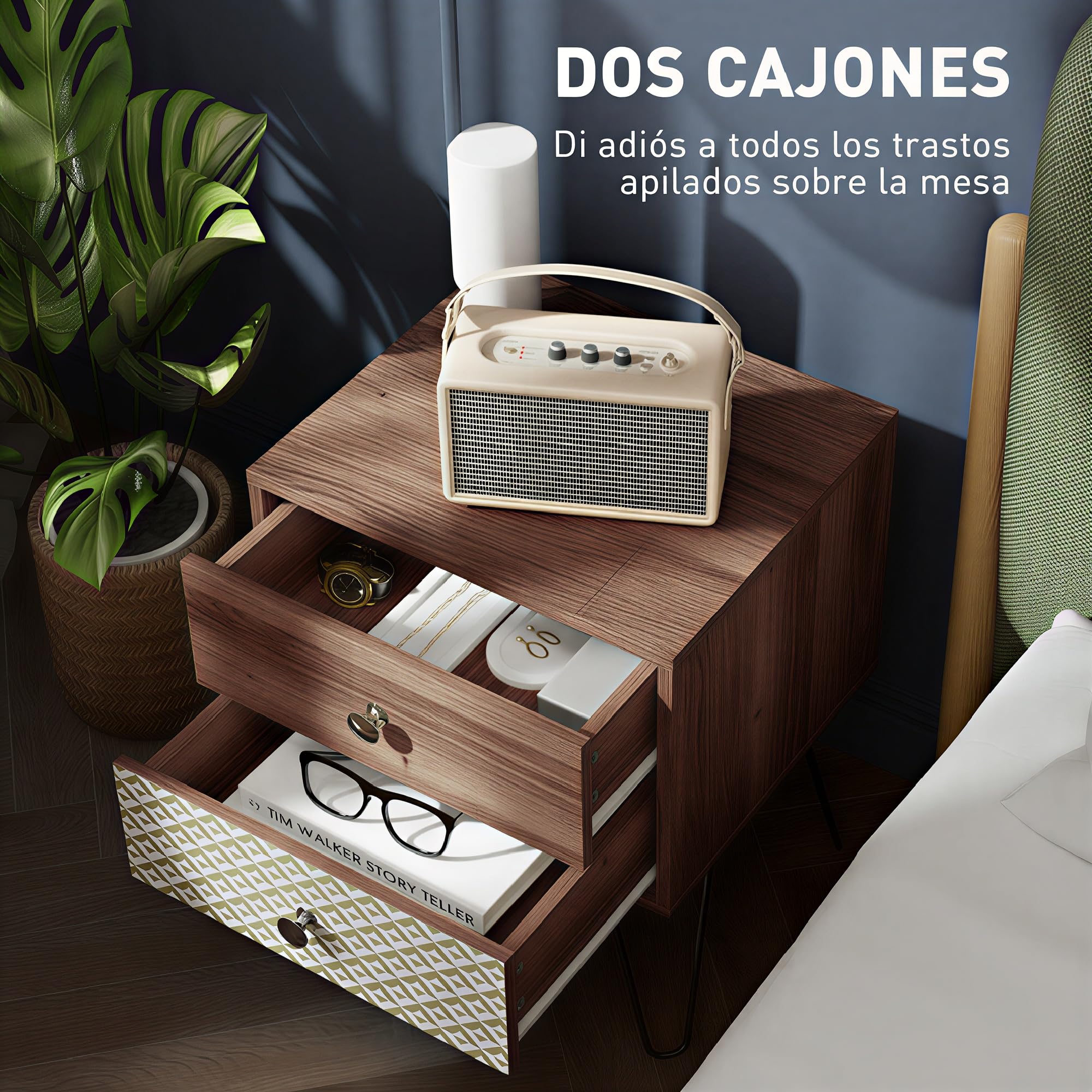 HOMCOM Mesita de Noche con 2 Cajones Mesilla de Noche 45x39x55,5 cm Marrón