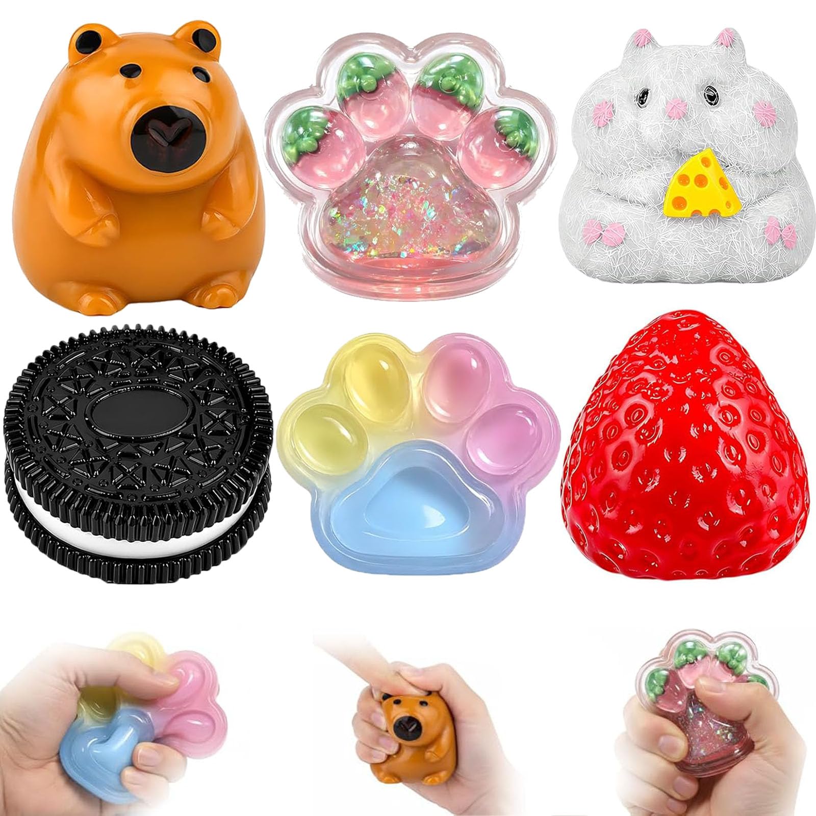 6PCS Squishy, Taba Squishy Fidget Set with Stress Relief Sensory Play, Capybara Cat Paw Hamster Strawberry