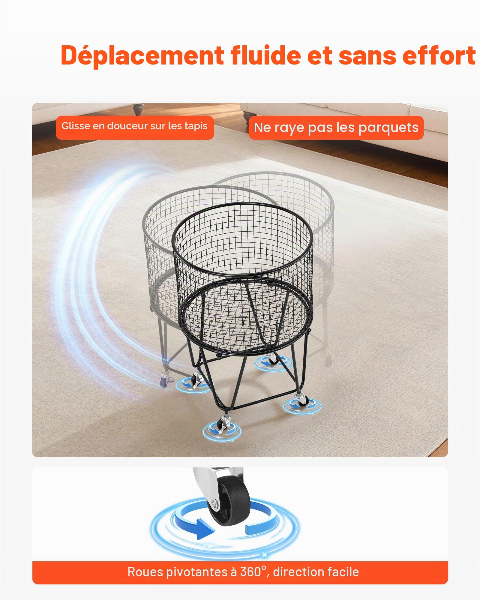 VEVOR Chariot à linge rond et mobile avec roues pivotantes à 360°, panier à linge, charge de 27,2 kg, capacité de 40 L chariot de courses robuste en acier carbone pour camping, épicerie et bagages