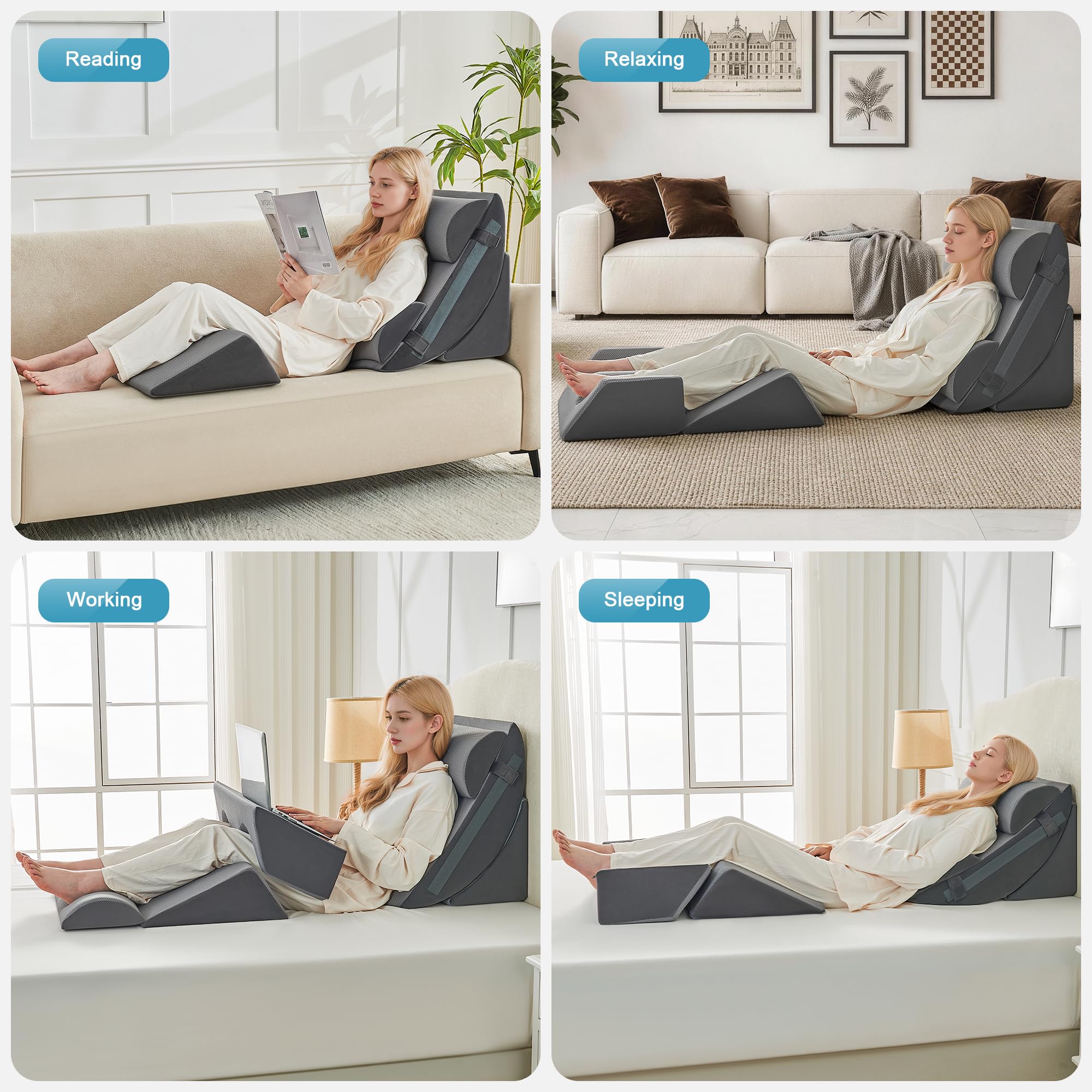 Ensemble d'oreillers 6 pièces, mousse de mémoire pour le sommeil, oreillers ergonomiques réglables, lit confortable et oreillers de canapé pour la lecture, la télévision et la détente, sombre