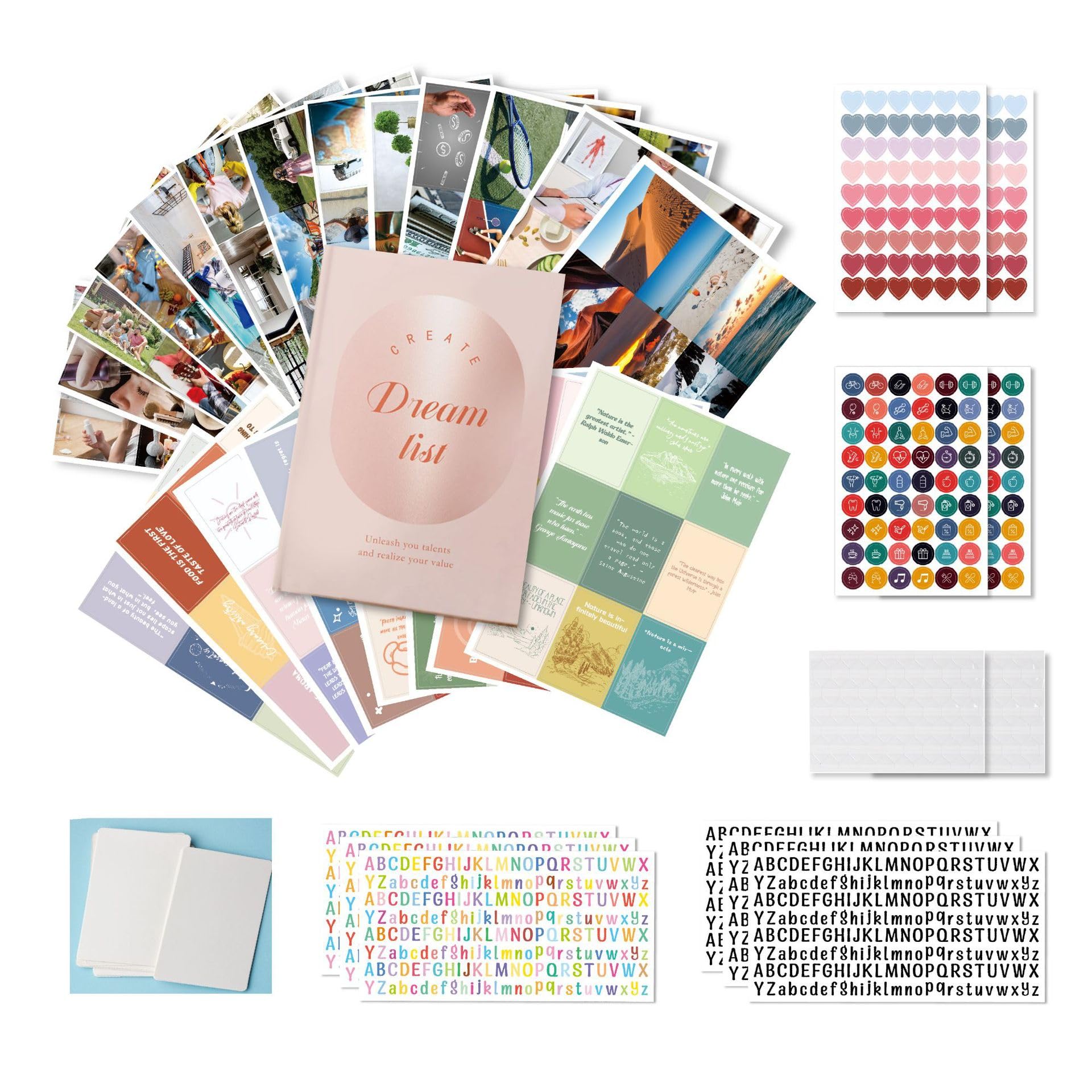 Kit de pizarra de ensueño - Kit Vision Board – 270 Cartas Imágenes + Tablero Laminarte Reutilizable – Kit DIY con Stickers de Letras, Iconos y Etiquetas – 30 Temáticas para Alcanzar Vida Ideal