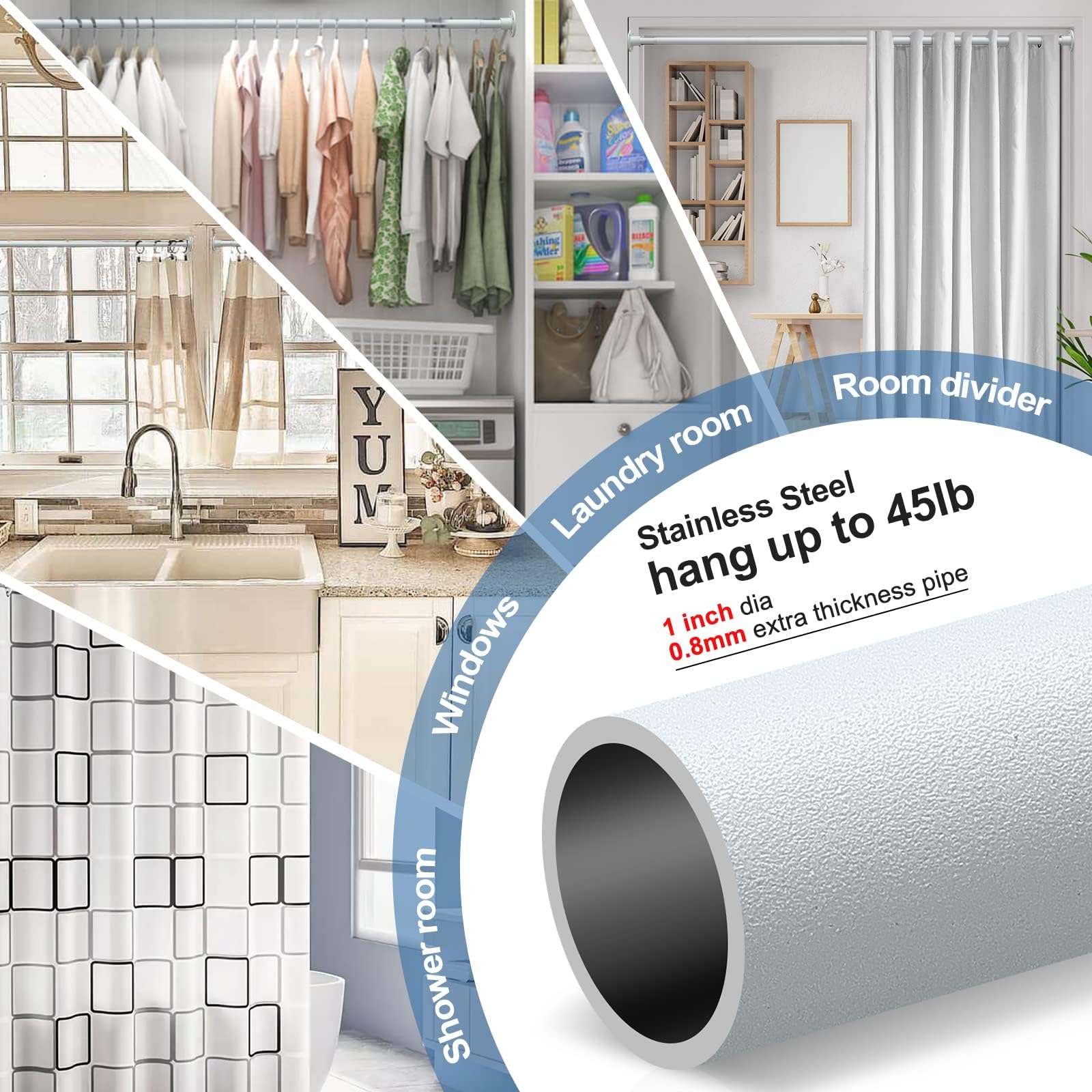 Bastone per tende 70-230 cm, Bastone per tende da doccia estraibile bianco opaco per bagno, finestra, guardaroba