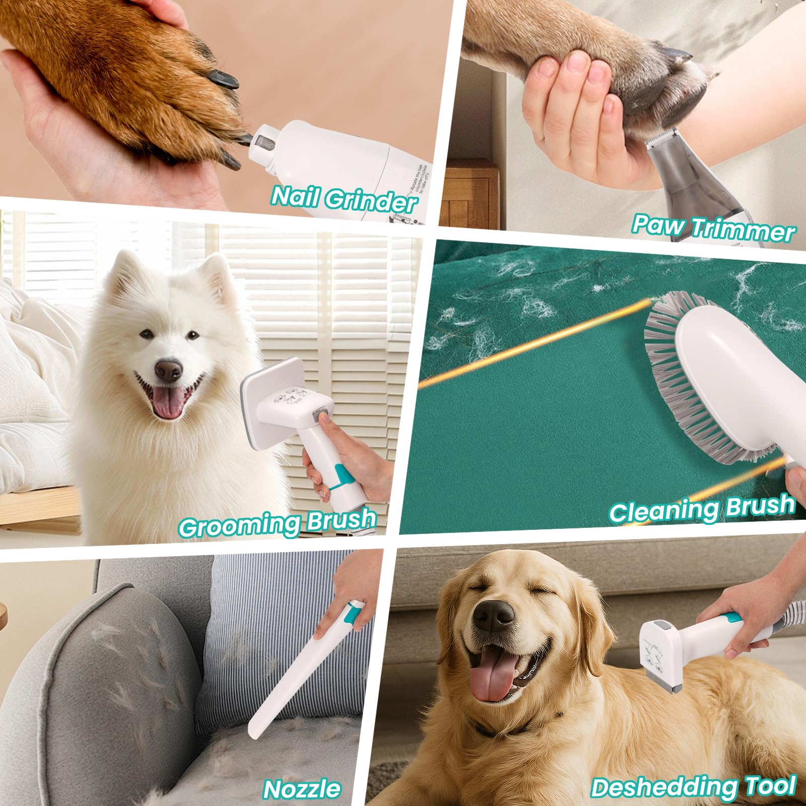 Hundeschermaschine mit Staubsauger, 13000PA, 3 Einstellbare Saugstufen | Schermaschine Hund mit 7 Pflegewerkzeugen, Pfotentrimmer, Bürste, Kamm