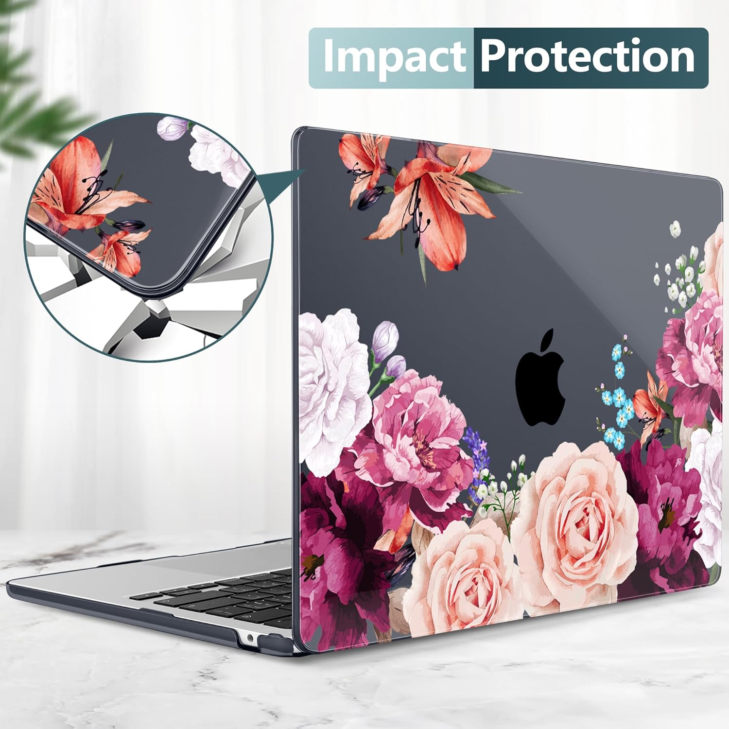 TWOLSKOO for MacBook Air 13 inch Case M5 2026 M4 2025 M3 M2 2024-2022 A3449 A3240 A3113 A2681, Plastic Hard Shell & Keyboard Cover & Screen Film for MacBook Air 13.6 inch Case, Black Peony