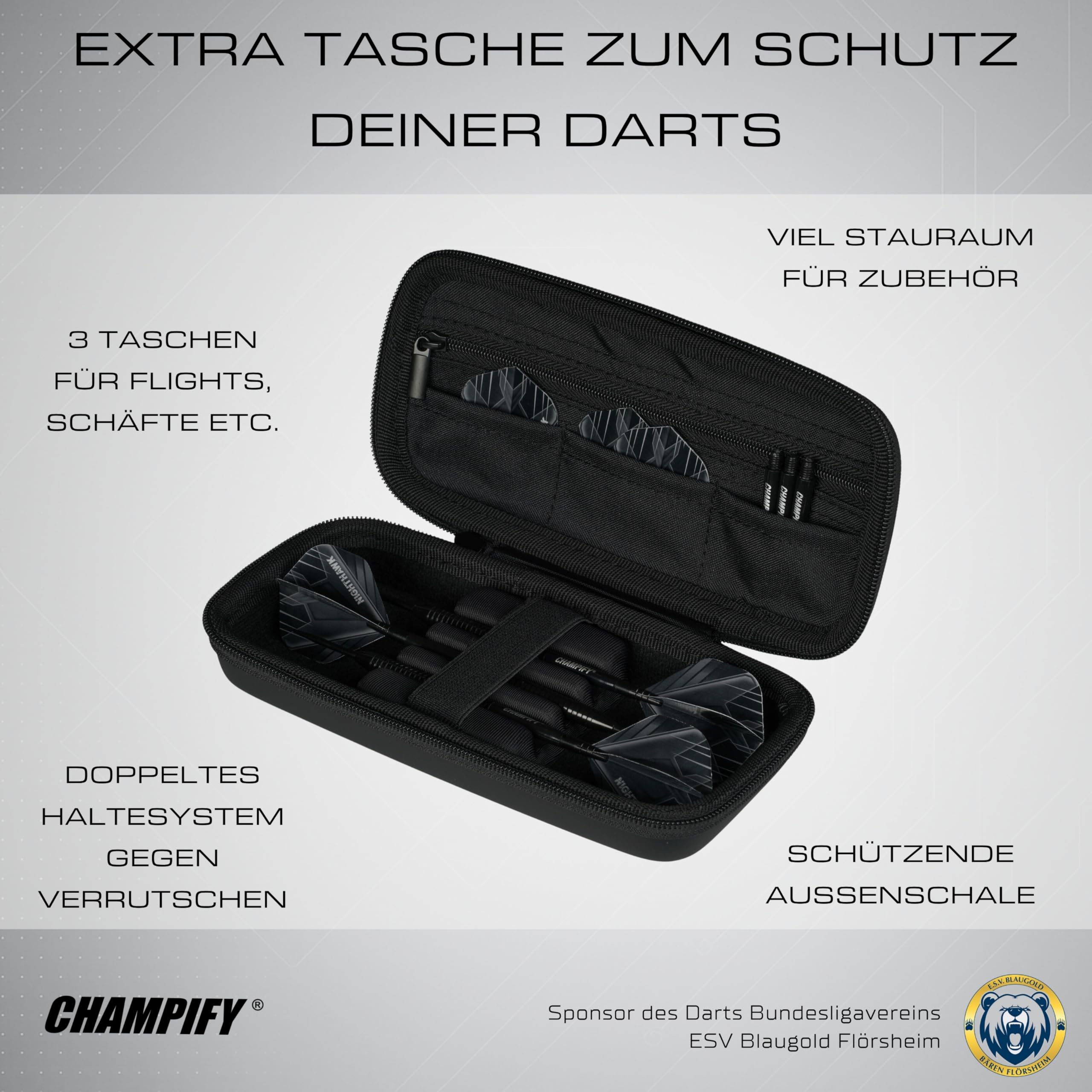 Champify® 18g Tungsten Soft-Darts Set “Nighthawk” mit Kunststoff-Spitze und schwarzer Darttasche | 3 Darts mit 9 Alu-Schäften & 9 Flights & 30 Softdart-Spitzen | Dartpfeile mit Plastik-Spitzen