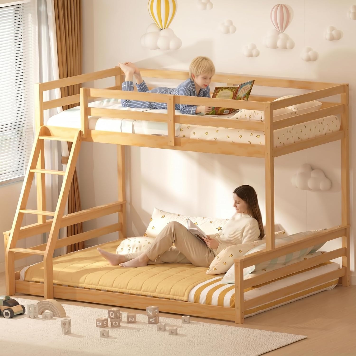 TOLEAD Low Bunk Bed Twin Over Full Size, Floor Twin Over Full Bunk Bed with Ladder, Wooden Bunk Bed with Full Guardrails, Low Bunk Bed for Juniors, Boys, Girls, Kids, Bedroom, Natural Wood