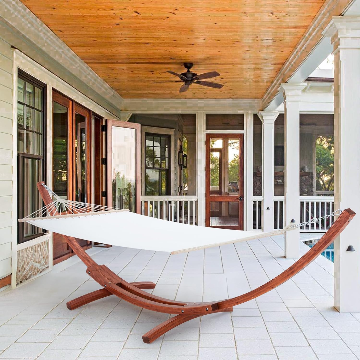 ECOTOUGE 12 FT Wooden Hammock with Stand for Single Person, Weather-Resistant, Certified Sustainable Hammock Bed for Backyard, Balcony, Porch(White)