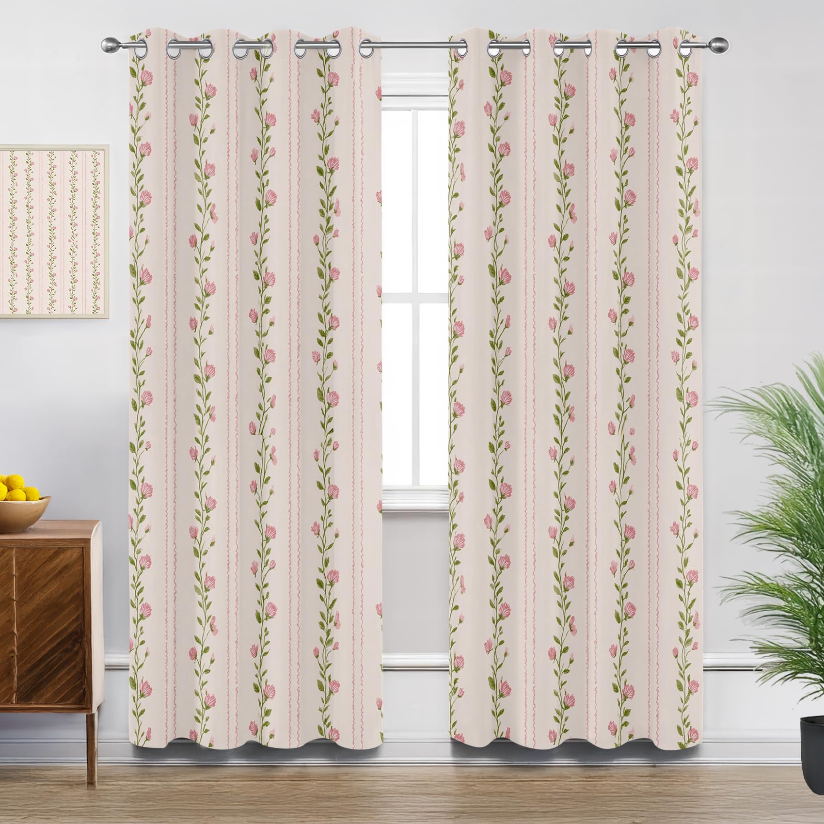 Mistela Blickdichte Vorhänge Mit Ösen Rosa Blume - Verdunklungsvorhänge Blume Mädchen Kokett Vorhänge Schlafzimmer Fenstervorhang - 2er Set - H200 x B140cm, Rosa Grün