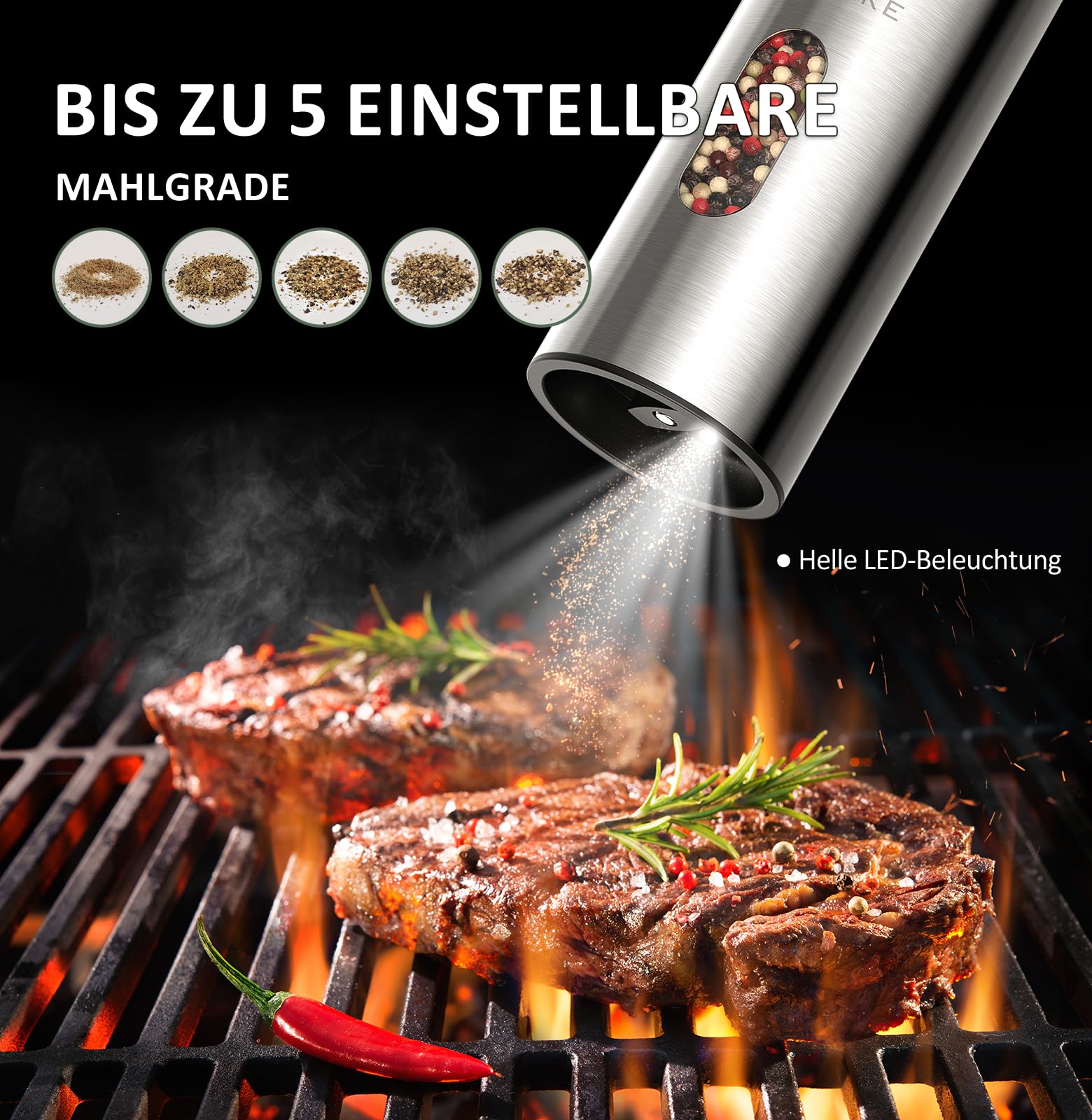 Set macinapepe elettrico - Saliera e pepe ricaricabile in acciaio inox con doppia stazione di ricarica USB-C, grande capacità, grado di macinazione regolabile, luce LED, idea regalo