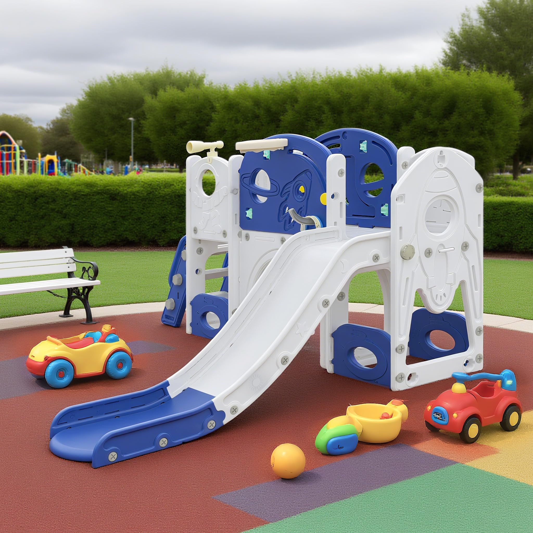 Aufun 5-in-1 Kinderrutsche für Kleinkinder, Multifunktionales Spielset mit Rutsche, Basketballkorb, Tunnel, Stauraum, Kletterleiter, Werkzeugfreie Montage, Stabil Freistehenderutsche Spielzeug