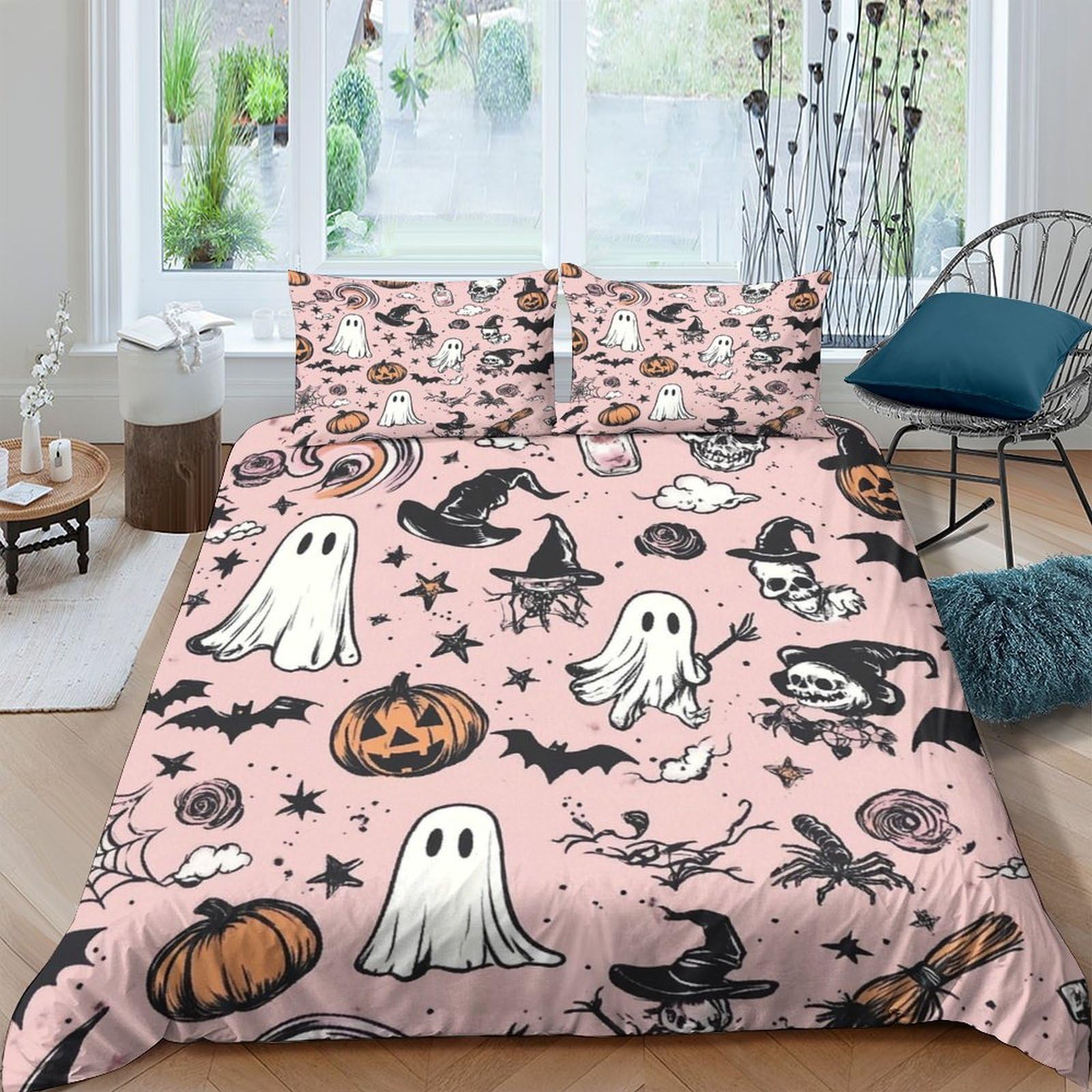 GPLZQXKJNH 3D Printed Halloween Ghost Duvet Cover Microfiber Soft Pink Pumpkin Quilt Cover Set with 2 Pillowcases for Bedroom Decor Single（135x200cm）