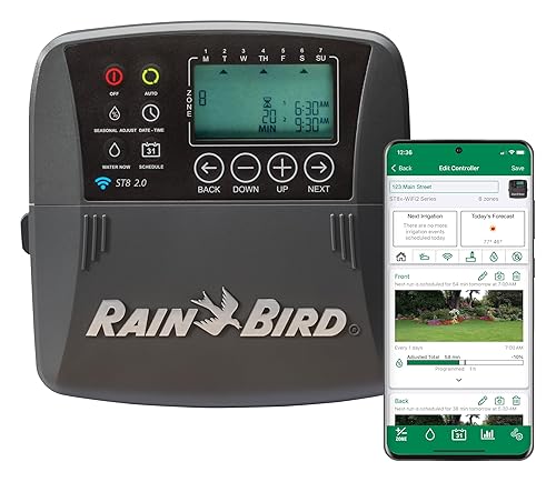 - Rain Bird - AspersorSistema de Riego Temporizadorcontrolador inteligente con WiFi, modelo ST8I-2.0, certificado WaterSense, 8 zonasestaciones,