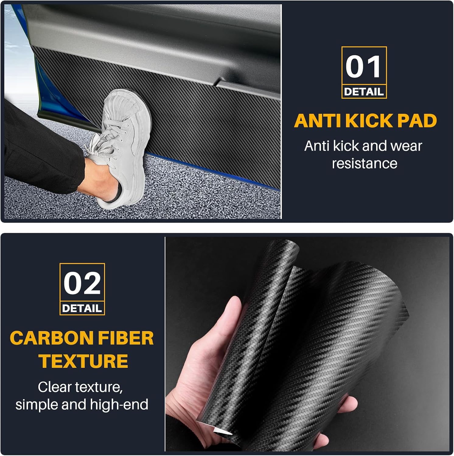 KUNGKIC for 2024 MINI Cooper S F65 Car Door Anti Kick Pad Protective Stickers Interior Decals Accessories Self-Adhesive Side Edge Protection Mats Cover (PU, Carbon Fiber Pattern)
