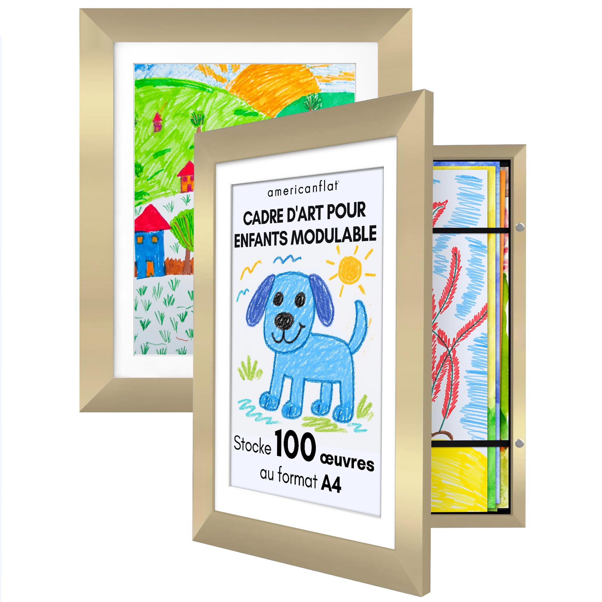 Cadre dessin enfant A4 doré avec ouverture frontale et rangement 100 dessins