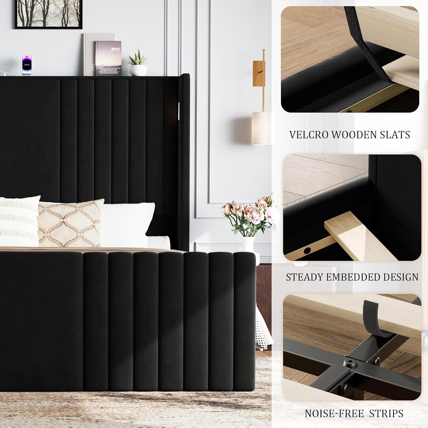 King Size Bed Frame with 55.1" Tall Headboard, Velvet Upholstered Platform Bed with Channel Tufted Wingback, 2 Reading Lights/Storage Shelf/Charging Station/Easy Assembly/Noise-Free, Black