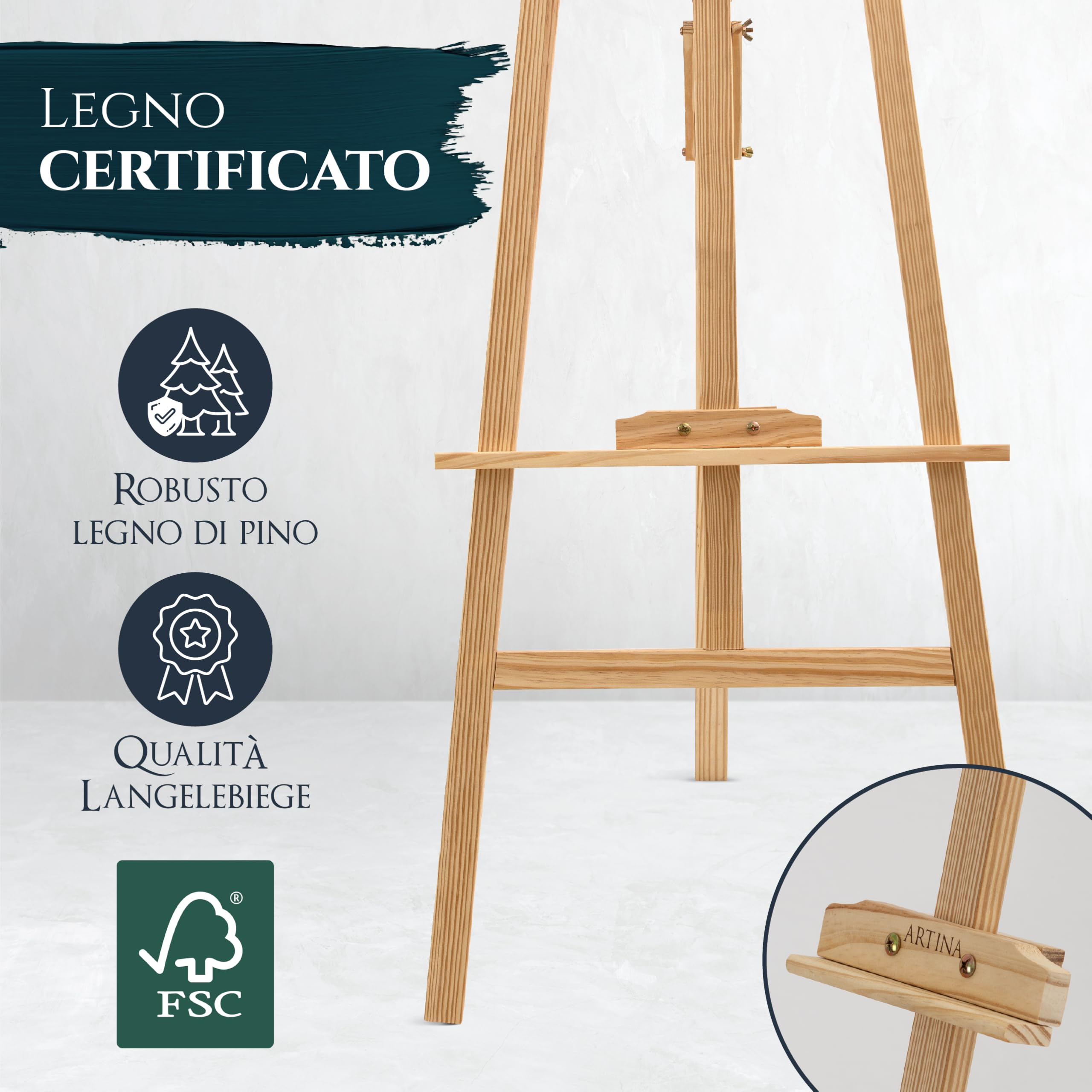 Artina – Kit pittura acrilica 24 pezzi con cavalletto in legno FSC® regolabile 150cm + 5 tele serie Corsica – set artistico per principianti e hobbisti