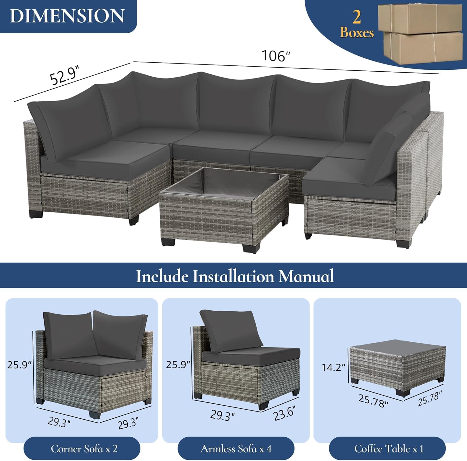 FHFO 7 Pieces Outdoor Patio Furniture Set, Outdoor Conversation Sets Wicker Sectional Couch Rattan Sofa with Thick Cushions & Coffee Table for Garden, Balcony, Backyard, Grey-Grey