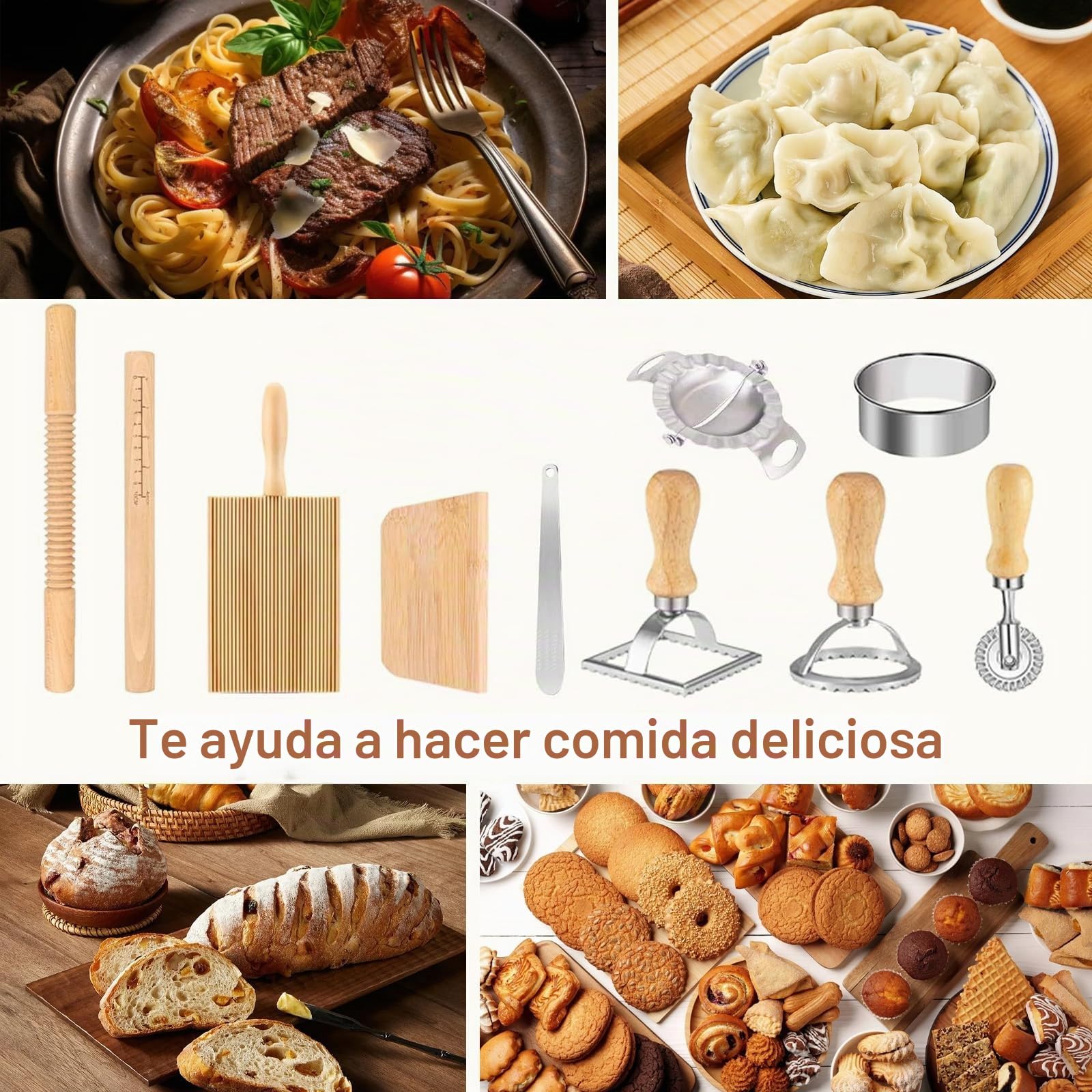 Juego de 11 herramientas para hacer pasta, kit de herramientas para hacer pasta rodillo tabla de ñoquis raspador de masa para hacer albóndigas sello de raviolis para los amantes de la repostería