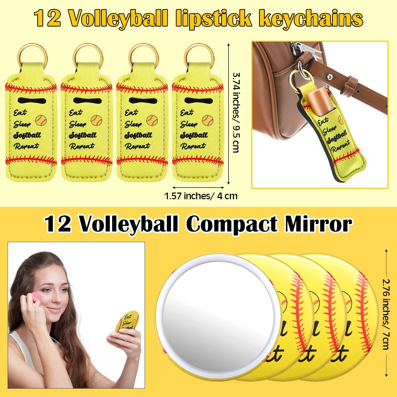 Tioncy Juego de 110 piezas de suministros de fiesta de sóftbol, regalos de sóftbol para deportes de equipo, accesorios que incluyen bolsa de cosméticos, soporte para lápiz labial, llavero, espejo