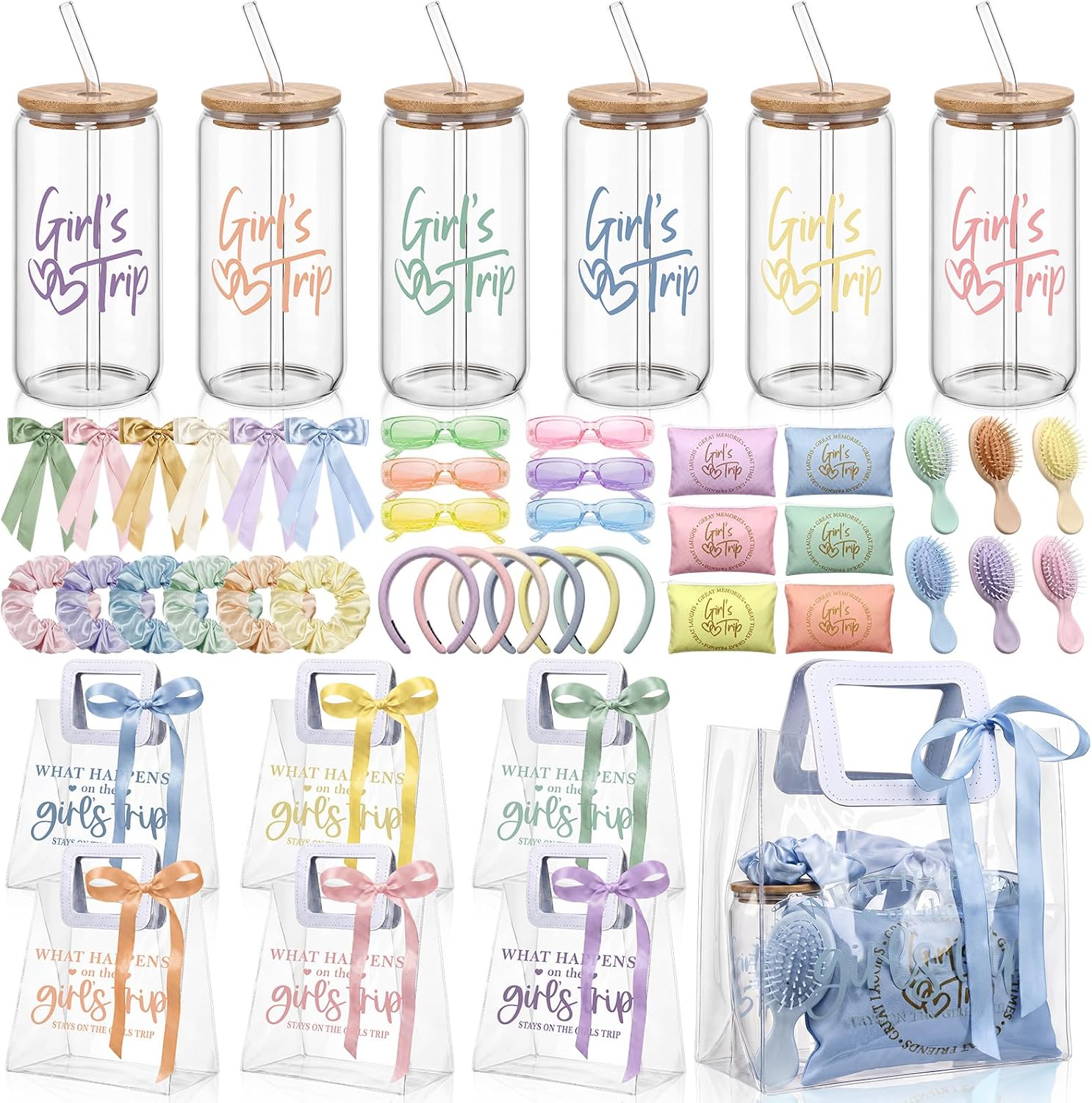Newtay 48 Pcs Girls Trip Party Favors Set for 6, All-in-one 2026 Girls Weekend Gift Kit, Bachelorette Supplies with Clear Tote Bags, Glass Cups, Makeup Bags and Hair Accessories for Women(Pink)