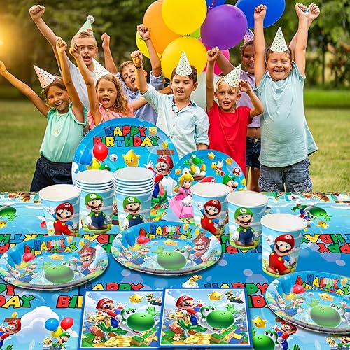 Miniatura 3 de Fruitful Life Suministros para fiesta de cumpleaños de Super Mario, 161 piezas de decoración de fiesta de Mario - Platos y servilletas de Mario y