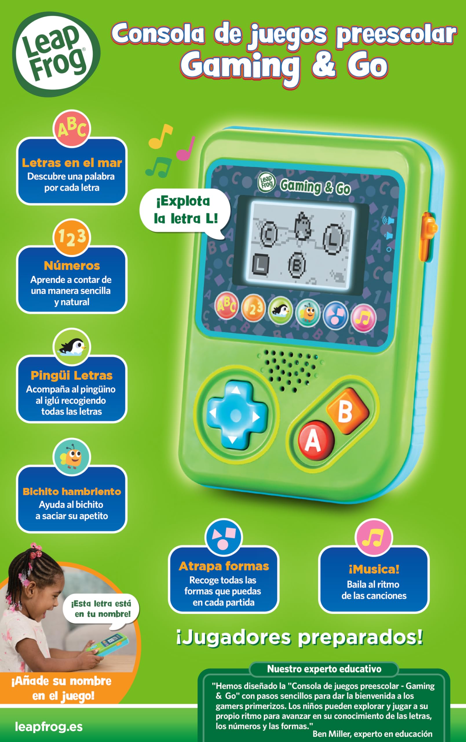 Leapfrog VTech - Consola de Juegos Preescolar Gaming and Go, Juguete para niños +3 años, 6 Juegos educativos, Pantalla LCD, Versión ESP