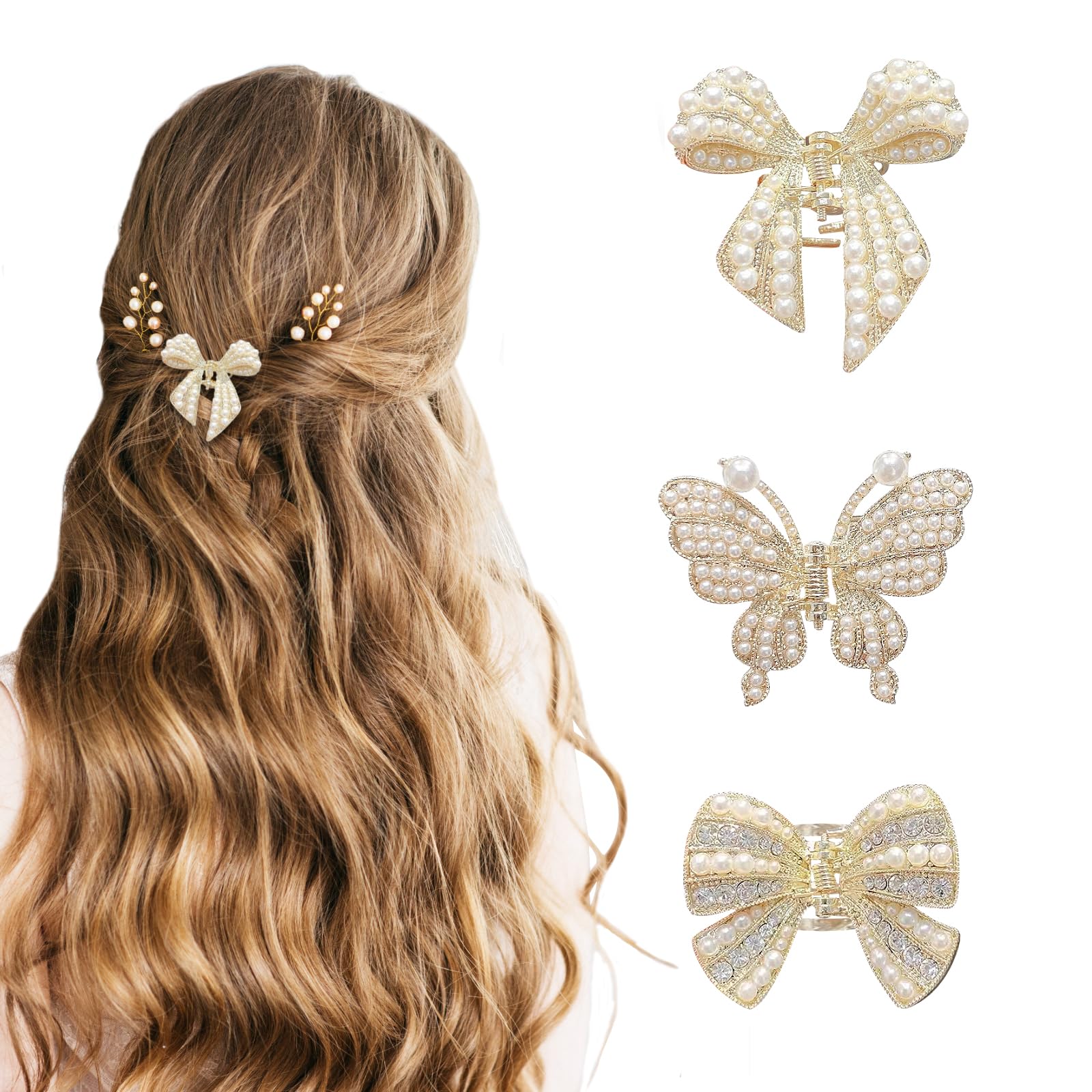 3 PCS Women's Metal Hair Accessories: Butterfly Bowknot Claw Clip, Small Barrette, and Non-Slip Fancy Clips