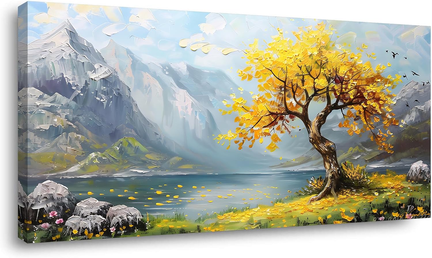 Mountain and Yellow Tree by Riverbank Painting Canvas Print Wall Art Decor Artwork for Bedroom (20x40 Inches)