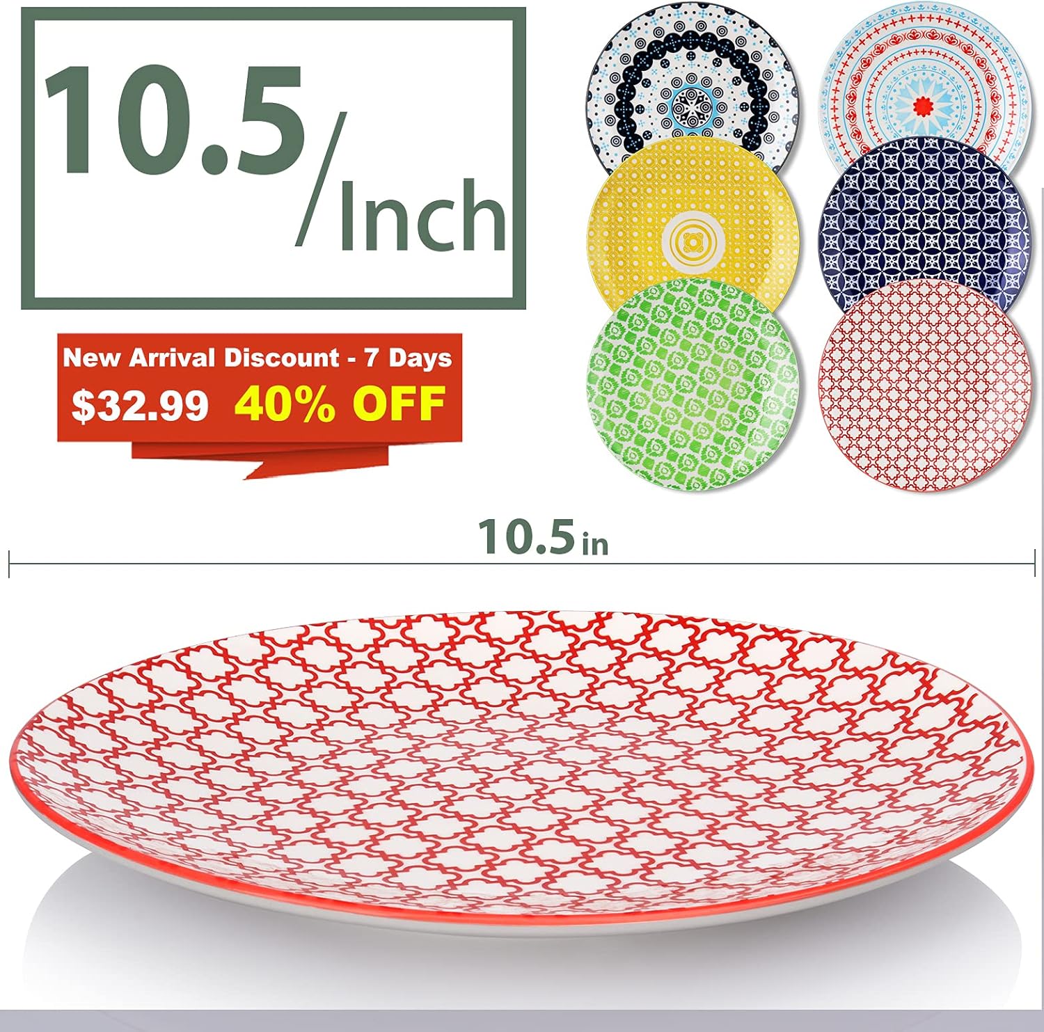  | DeeCoo Large Dinner Plates Set, Premium Porcelain Dinnerware for Restaurant, Kitchen, Family Party Use, 10.5 Inch Salad Serving Dishes Set of 6, Dishwasher & Microwave Safe, Assorted Pattern Plates: Dinner Plates