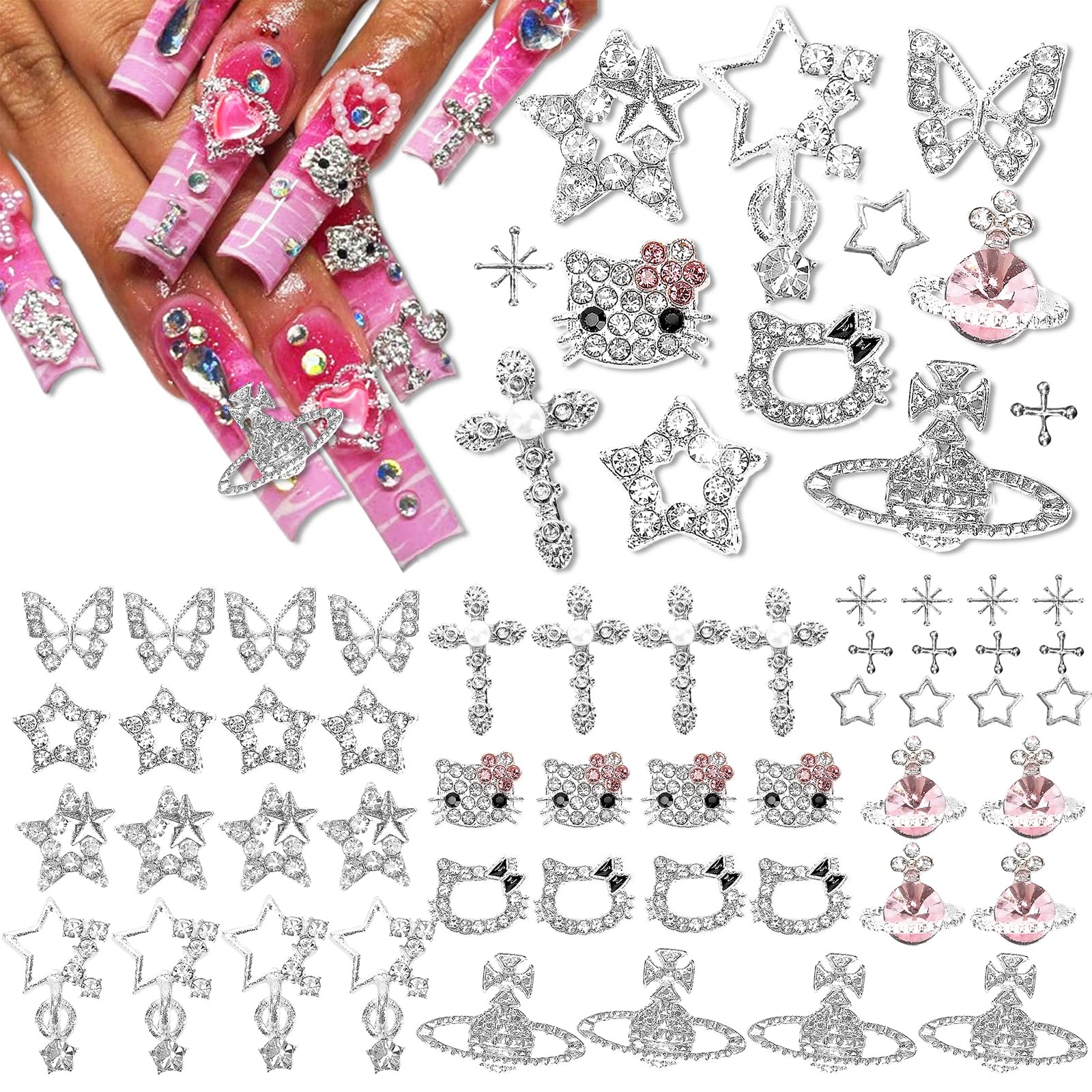 Nail Charms and Gems,KYLELOVE 48 PCS Y2K Kawaii Nail Charm 3D Silver Butterfly Star Nail Charms Rhinestone Charms for Nails Art Craft DIY Decoration-image-32