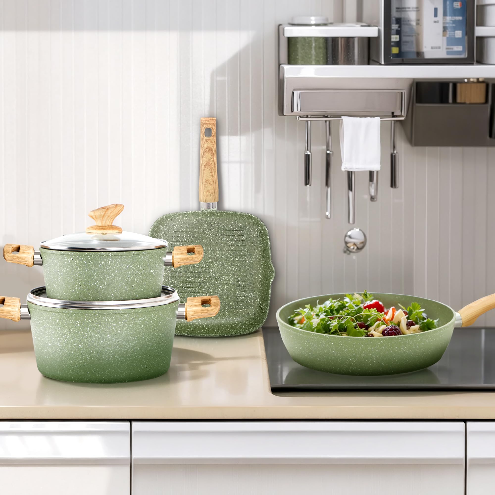 DishDelight Induktions-Kochgeschirr-Set mit Grillplatte 17-teiliges Induktions Töpfe Set Topf und Pfannenset mit Deckel Granit Antihaftbeshichtung Topfset Kochtopf
