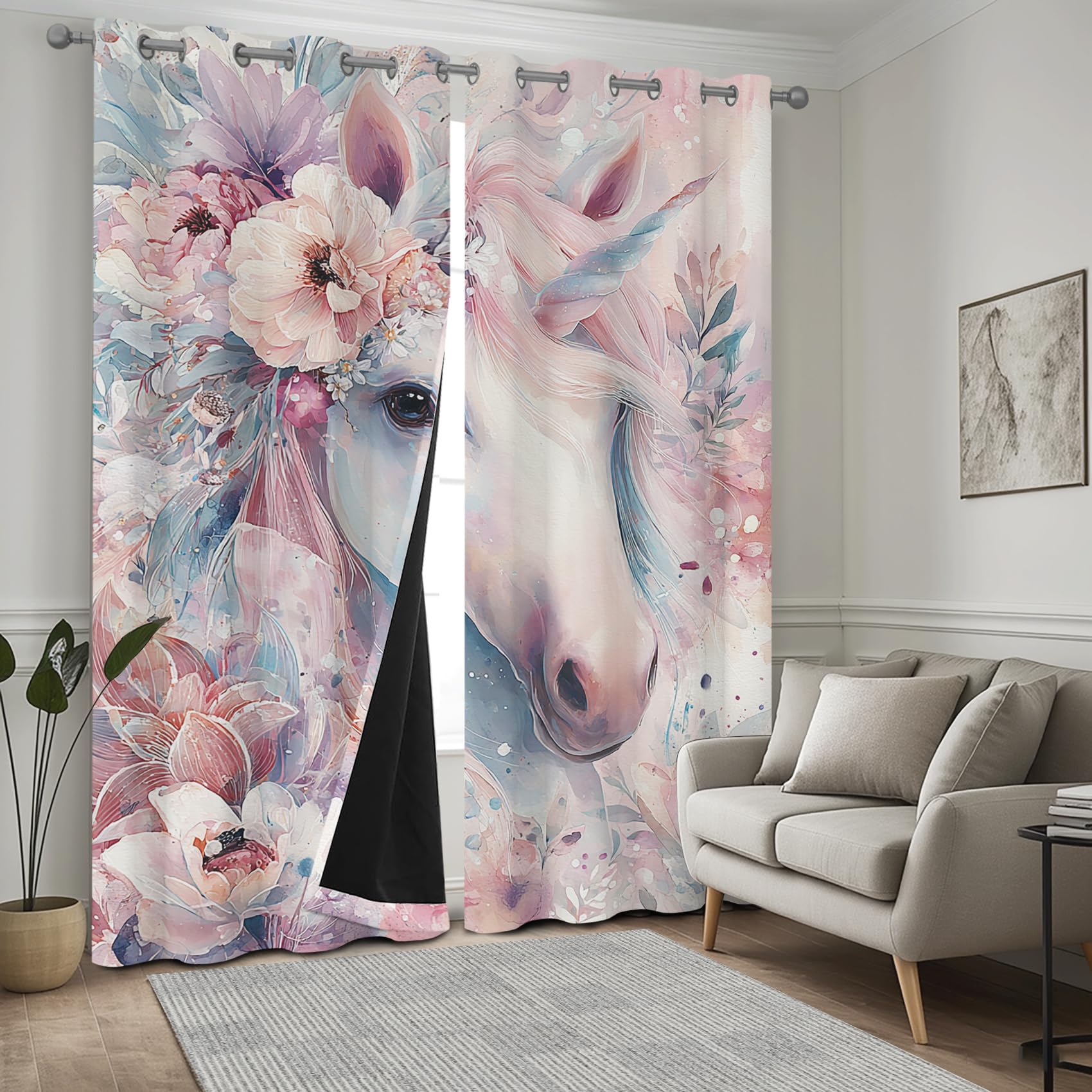 Rideau Occultant Licorne, Fleurs Aquarelle Rose Rideau Thermique Tenture Opaque à Oeillets, Enfants Filles Rideaux Decoration Chambre Maison Salon Intérieurs, 117x183cm, 2 Pièces, M141z
