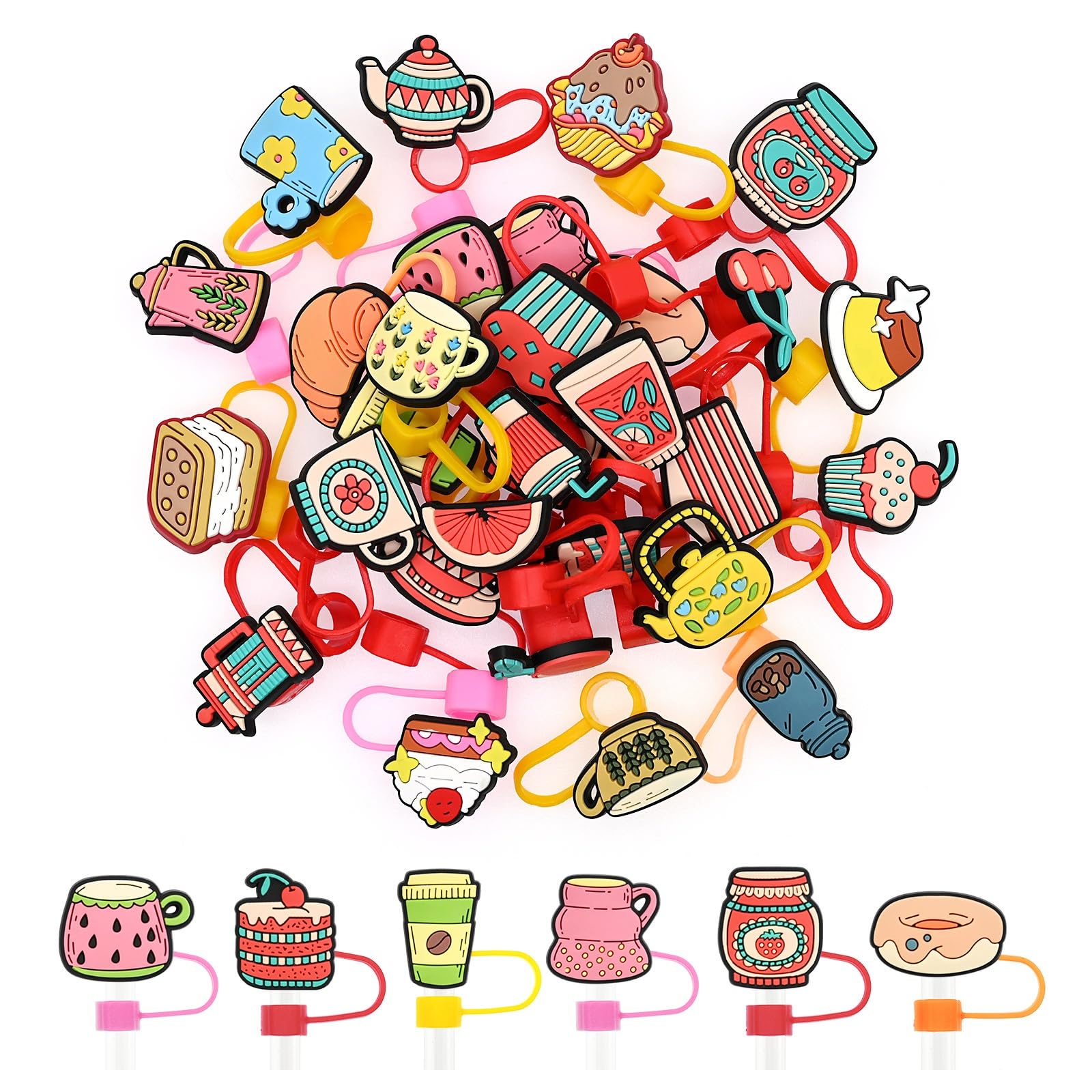 Straw Cover Caps for Stanley Cup Afternoon Tea Theme,30PCS Cute Drinking Straw Toppers,0.4in/10mm Dust-Proof Reusable PVC Straw Protector Lids Tumbler Cup Straw Accessories for Party Gifts