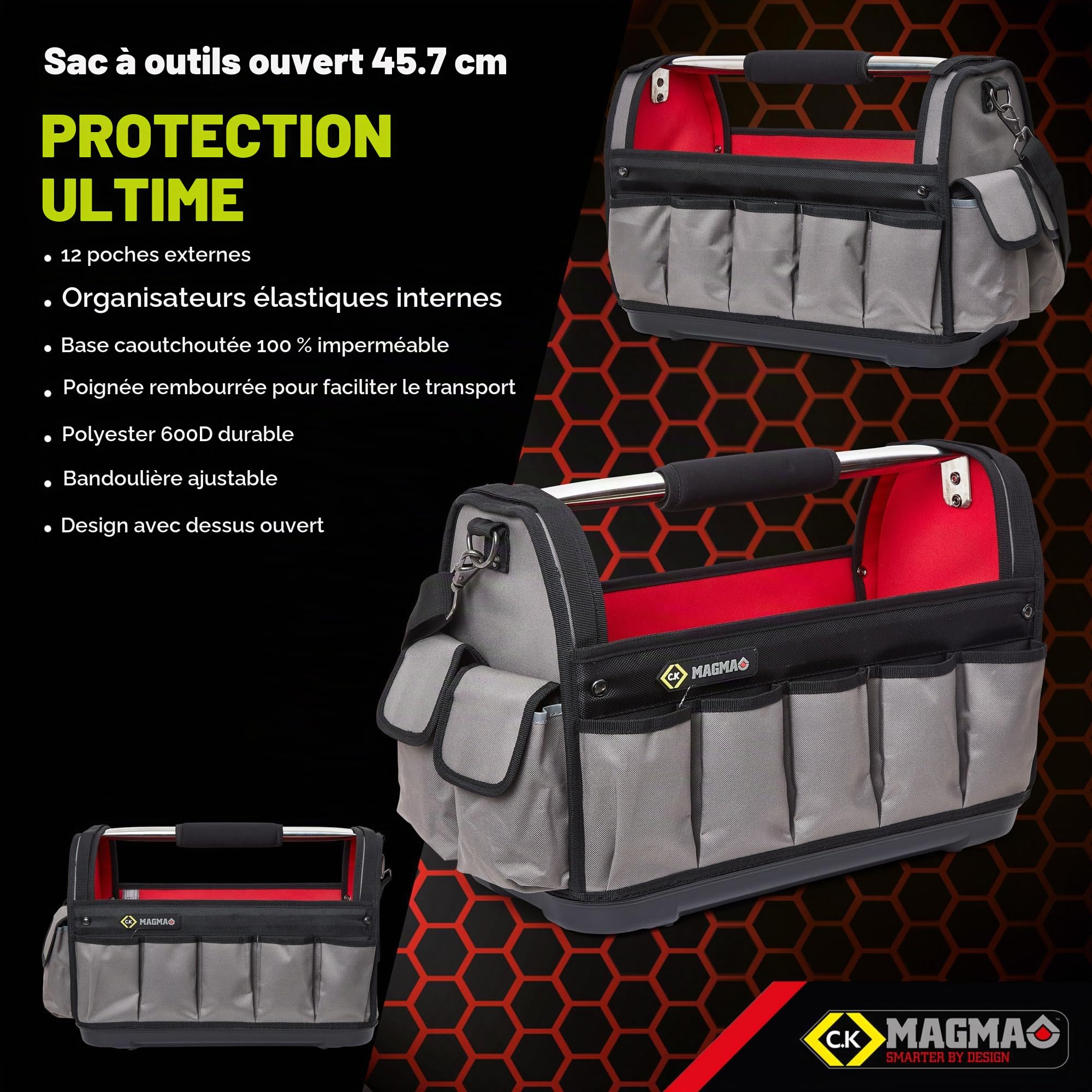 C.K Magma Sac à Outils Ouvert Grand 18", Sac Outillage Vide de Electricien, Base Résistante à L'eau, Caisse a Outil de Technicien, Sacoche Outils, Valise d'outils, Trousse, Tote Tool Bag, MA2636