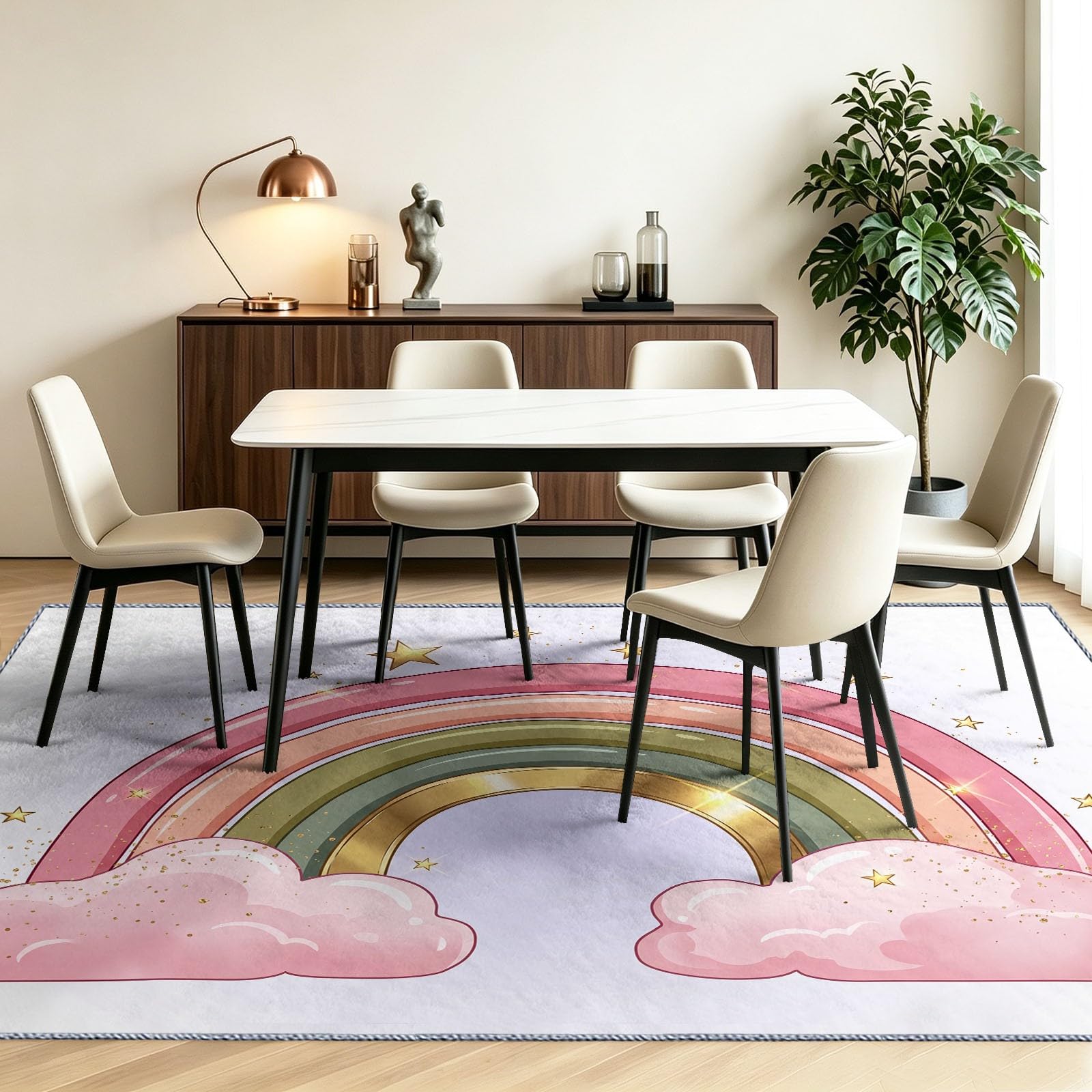 Dywanik do salonu, antypoślizgowy, 100 x 150 cm, biały, nadaje się do prania, łatwy w pielęgnacji, wytrzymały, z motywem z kreskówki, z krótkim włosiem, dywanik nocny, tęczowy, chmury, gwiazdy, dywan