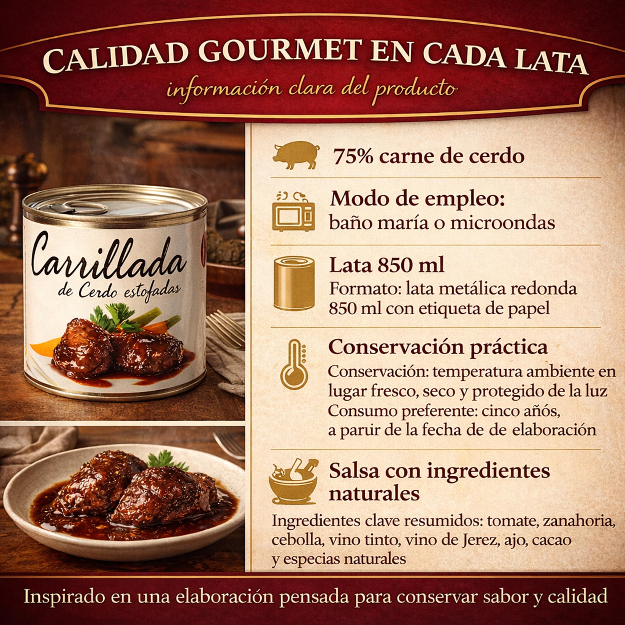 POLGRI Carrilladas de Cerdo Estofadas Conserva Gourmet 800 g Carne Melosa Lista para Calentar