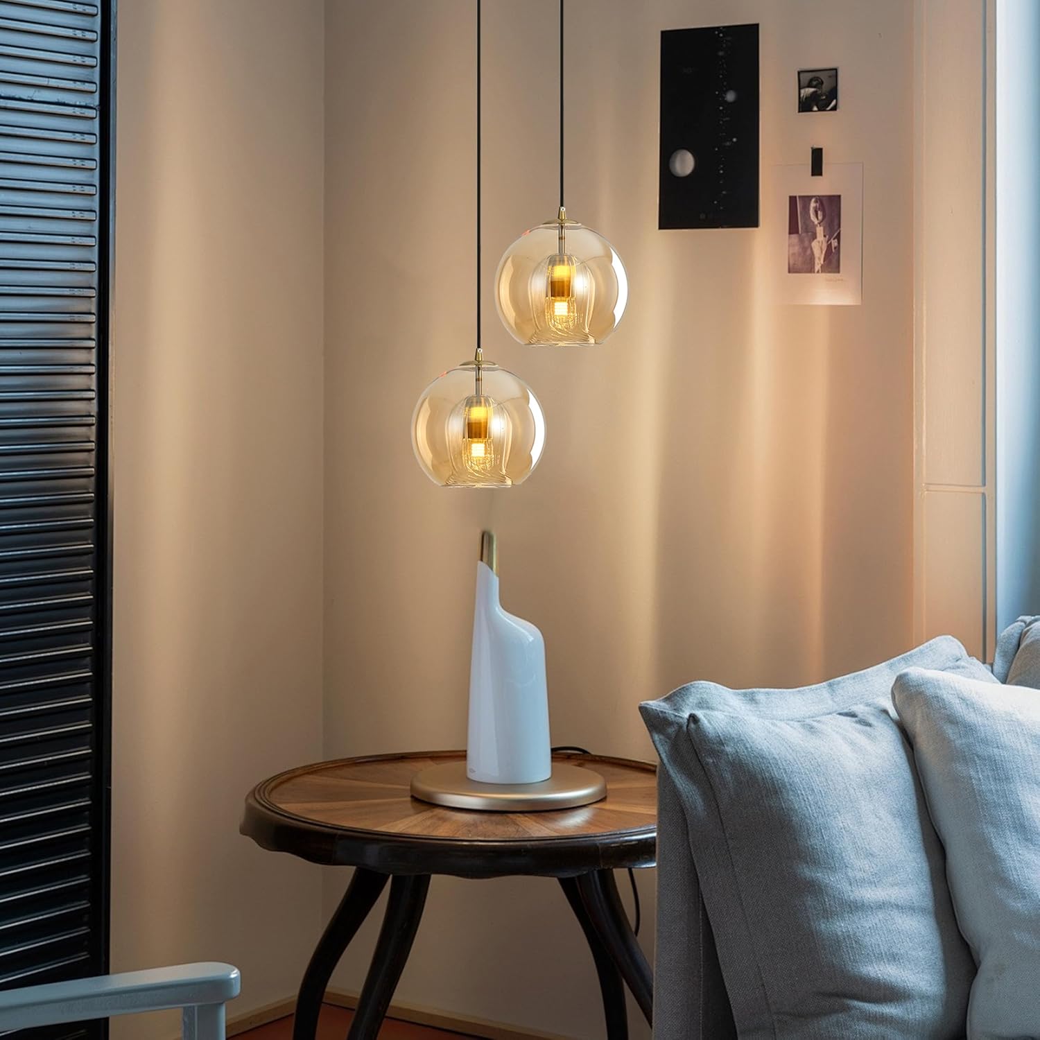 Modern Glass Globe Pendant Light with Gold Socket, E26 Industrial Hanging Lamp, Kitchen Island Ceiling Light for Dining Rooms, Living Rooms, Staircases (Amber, 20CM)