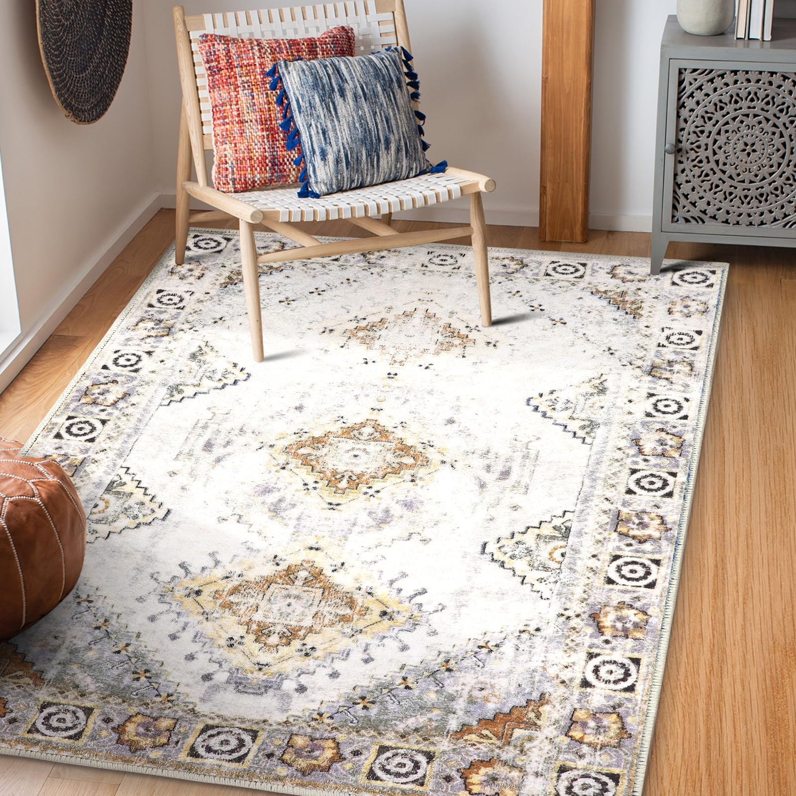 COMSLE Area Rug 4x6 Faux Wool Rugs for Kitchen, Boho Washable Throw Rugs Non-Slip Distressed Carpet Soft Accent Floor Rug for Bedroom, Living Room,