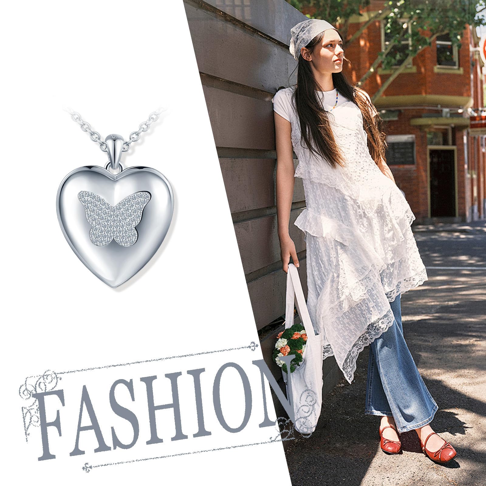 Collana da donna in argento Sterling 925 con ciondolo a forma di cuore e farfalla, con zirconi, apribile per foto