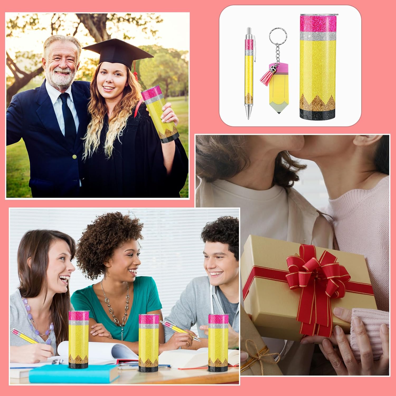 Skylety 12 Pcs Valentines Teacher Gift Bulk 4 Sets Cute Teacher Appreciation Gifts 20 oz Glitter Pencil Stainless Steel Tumbler Keychain Ballpoint Set for Thank You Educator - Image 6