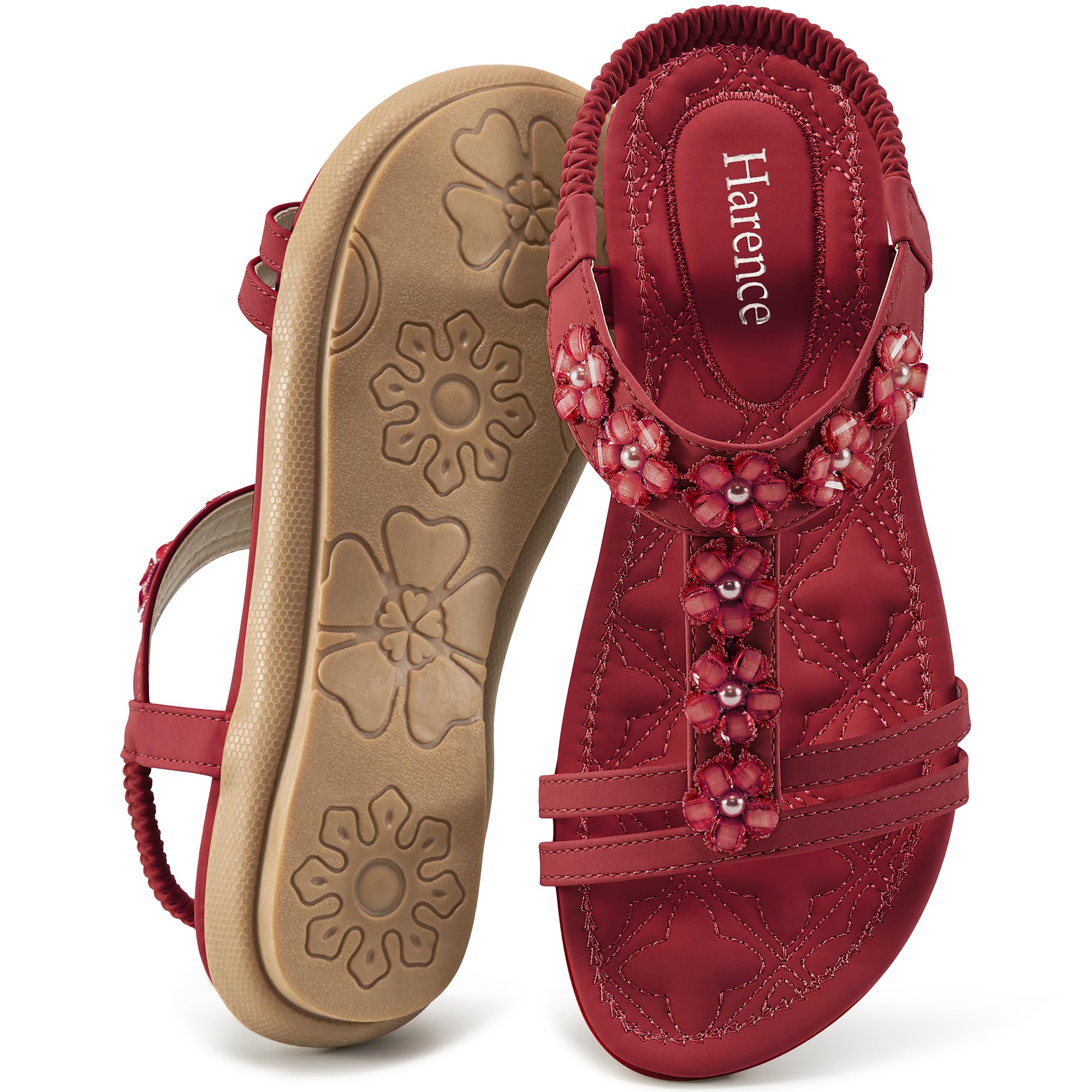 HARENCE Summer Flat Sandals for Women: Comfortable Bohemian Beaded Flats Shoes Elastic Ankle Strap Casual Walking Slip On Dress Sandal