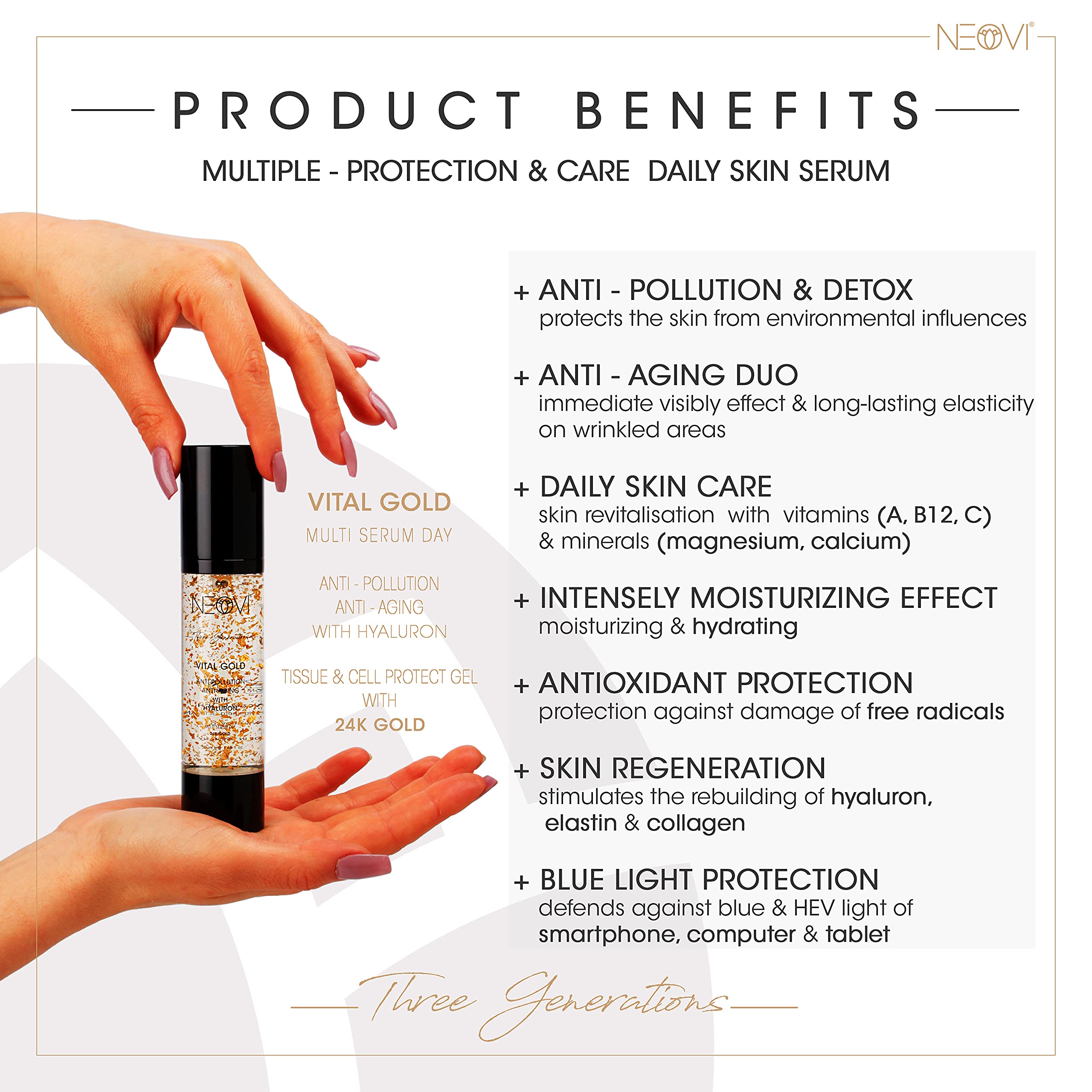 VITAL GOLD 50ml | Hyaluronsäure Serum mit 24K Gold | HYALURON Anti Aging & Anti Falten | Vitamin A, B, C | Feuchtigkeitscreme | Derma Test sehr Gut