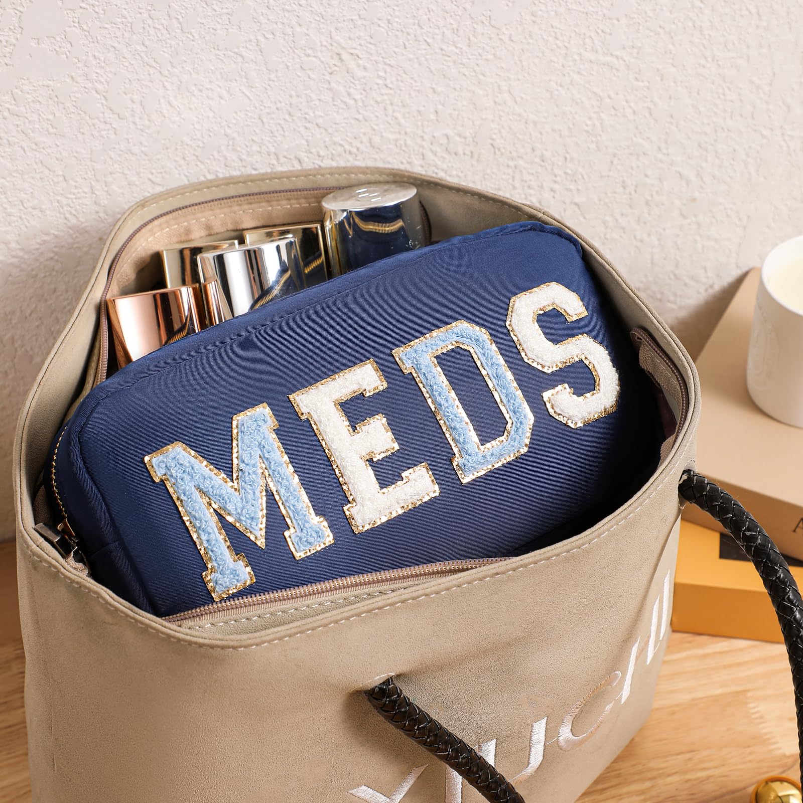 Meds Reise-Make-up-Tasche aus Chenille, Nylon, mit Metall-Reißverschluss, Erste-Hilfe-Geldbörse, Organizer, Kosmetiktasche für Damen und Mädchen, 03navy, 10in*5in*2in, Für Reisen