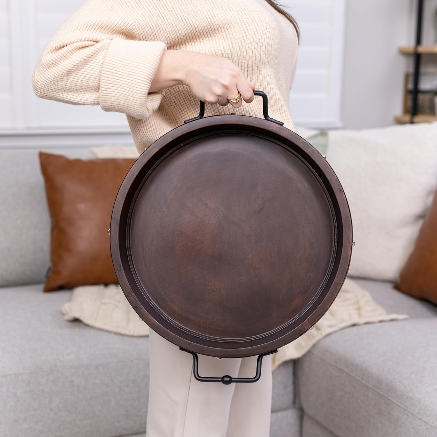 16" Large Round Ottoman Tray, Heavy Duty Mango Wood, for Serving Tea, Breakfast in Bed, Living Room Large Coffee Table Tray Rustic with Farmhouse Style, Decorative Handles and Accent Strap - Image 3